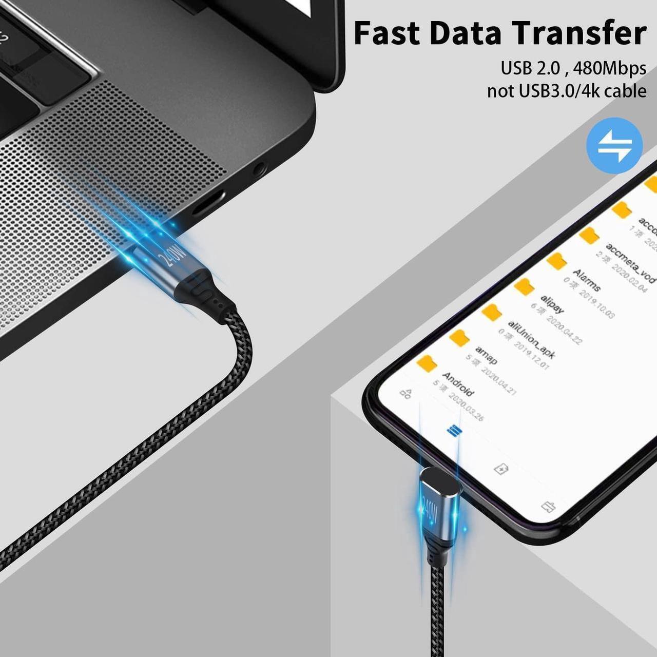 Alt view image 5 of 7 - USB C 90 Degree Cable 3.3ft, 240W Fast Charging PD 3.1 Type C to Type C Cable Short Braided 3A 90 Degree Up Down Angle USB C Cable for iPad Pro Galaxy Air MacBook