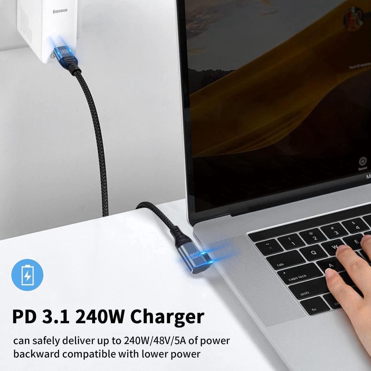 Alt view image 2 of 7 - 240W USB C to USB C Cable 10 ft, Short Type C 90 Degree Charging Cable, Nylon Braided PD 3.1 Right Angle Fast Charger Cord Compatible for MacBook Pro, iPad Pro