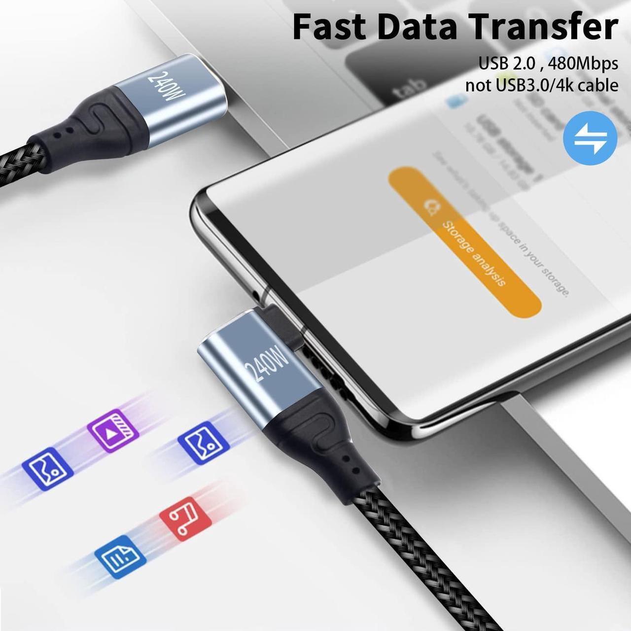 Alt view image 3 of 7 - 240W USB C to USB C Cable 10 ft, Short Type C 90 Degree Charging Cable, Nylon Braided PD 3.1 Right Angle Fast Charger Cord Compatible for MacBook Pro, iPad Pro