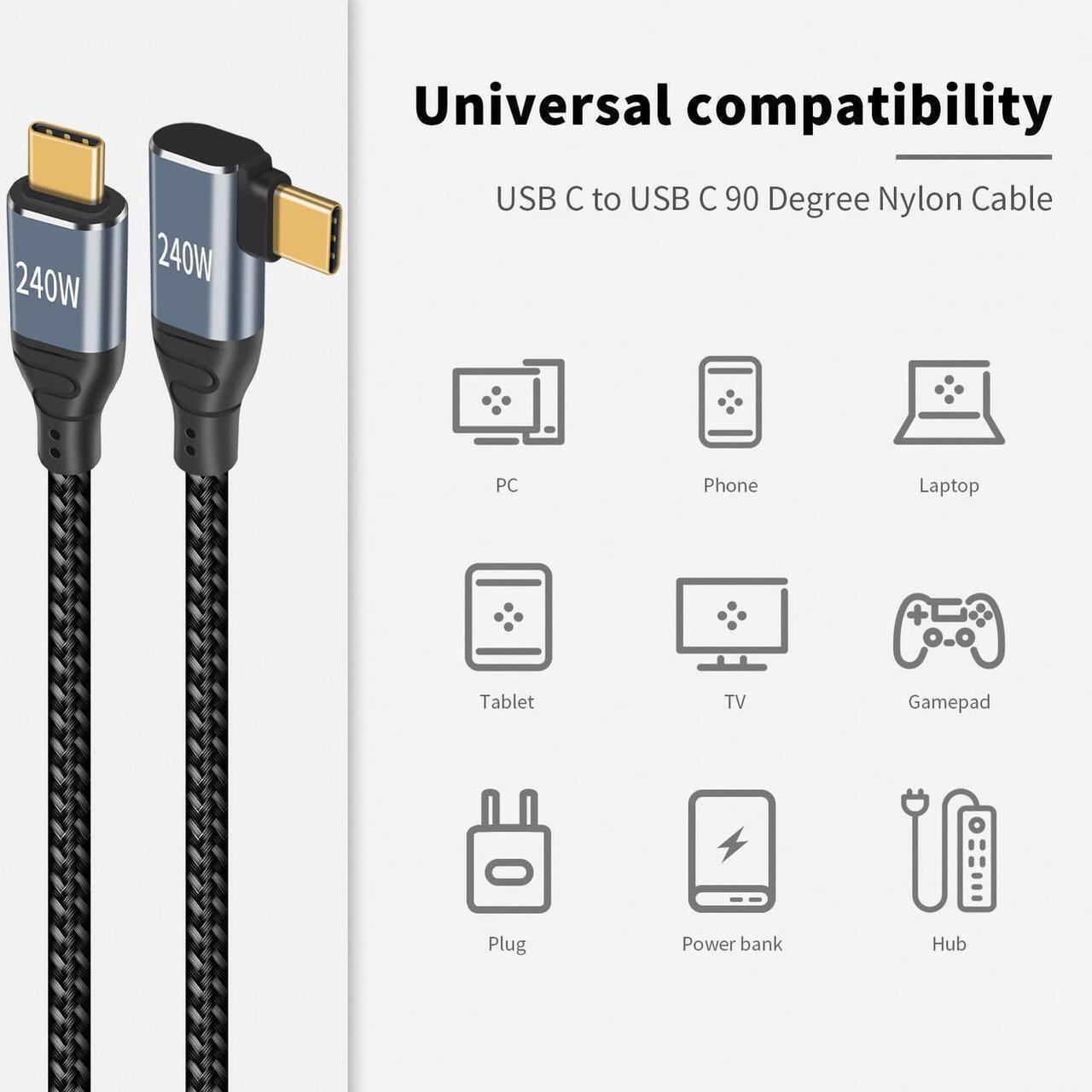Alt view image 5 of 7 - 240W USB C to USB C Cable 10 ft, Short Type C 90 Degree Charging Cable, Nylon Braided PD 3.1 Right Angle Fast Charger Cord Compatible for MacBook Pro, iPad Pro