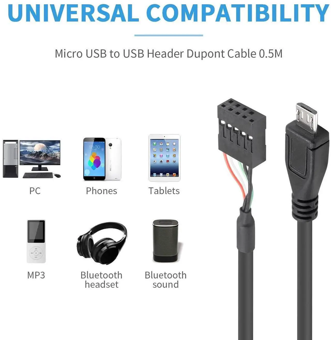 Alt view image 2 of 6 - USB Header to Micro USB Cable 1.65FT/50CM, Micro USB Male to 9 Pin Motherboard Female Adapter Dupont Extended Cable for Motherboard Header 2 Pack