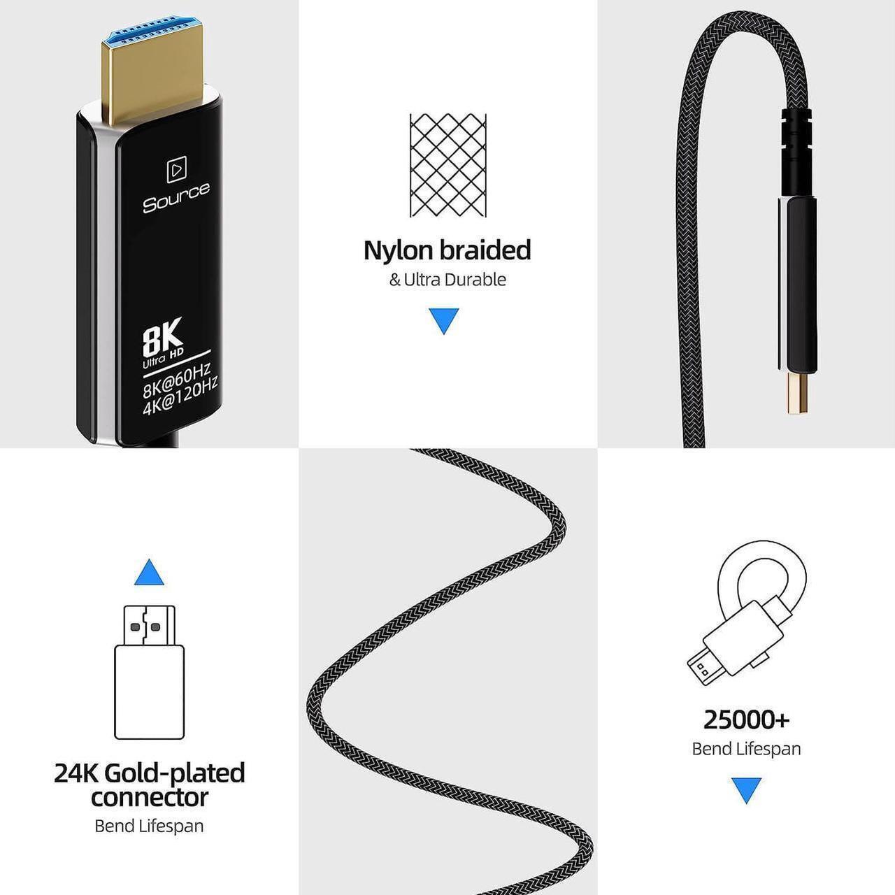 Alt view image 5 of 7 - 16FT HDMI 2.1 8K Fiber Optic Cable Braided 8K@60Hz 4K@120Hz Dynamic HDR/eARC/HDCP 2.3 Slim Flexible Suitable for Laptop Monitor RTX 3080 3090 Xbox Series X PS5, (Black+White)
