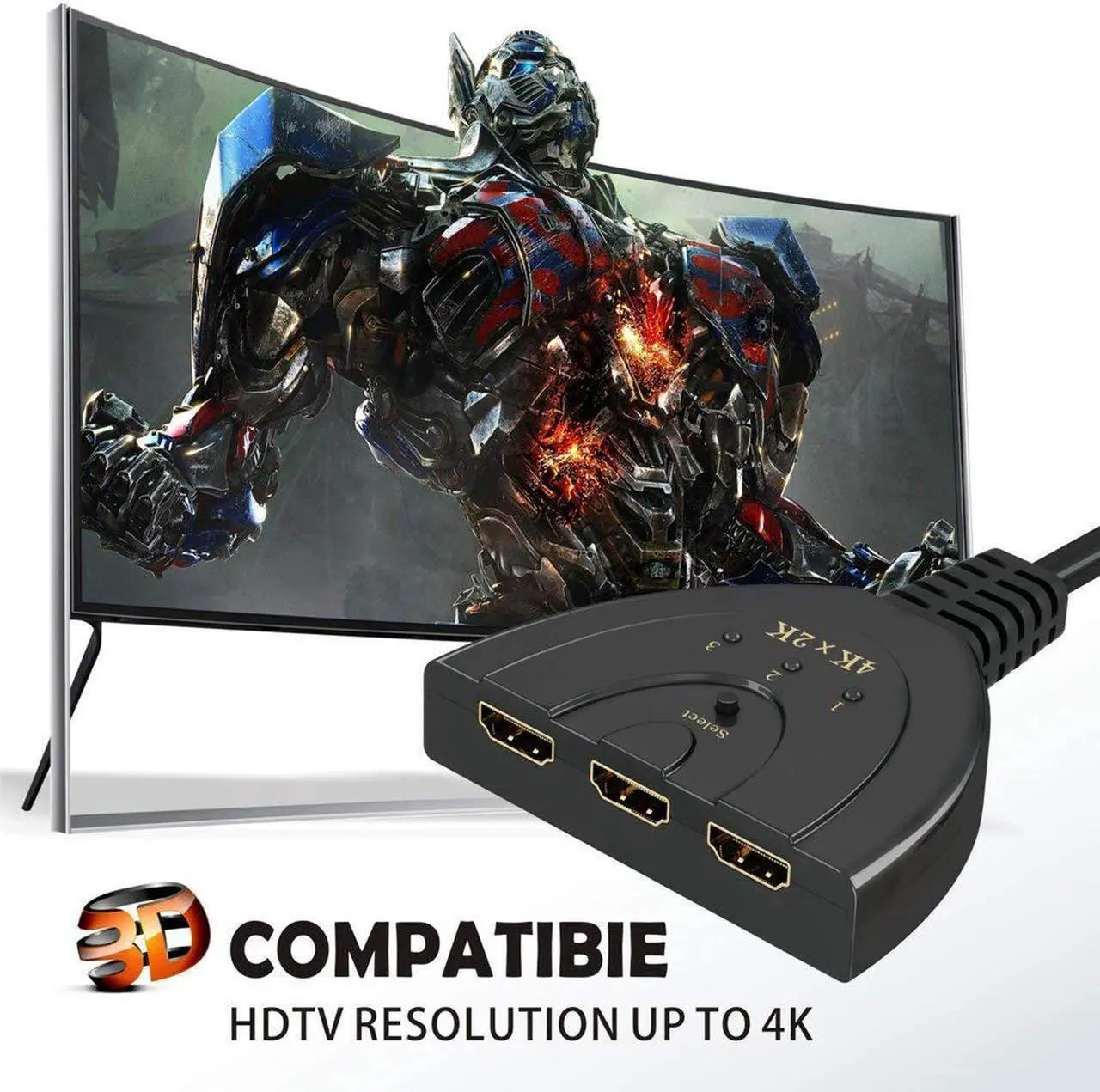 Alt view image 2 of 7 - HDMI Switch, 3 Port 4K HDMI Switch Splitter Support 4K 3D Full HD 1080P Audio for HDTV/Projector/Computer Monitors (Black)