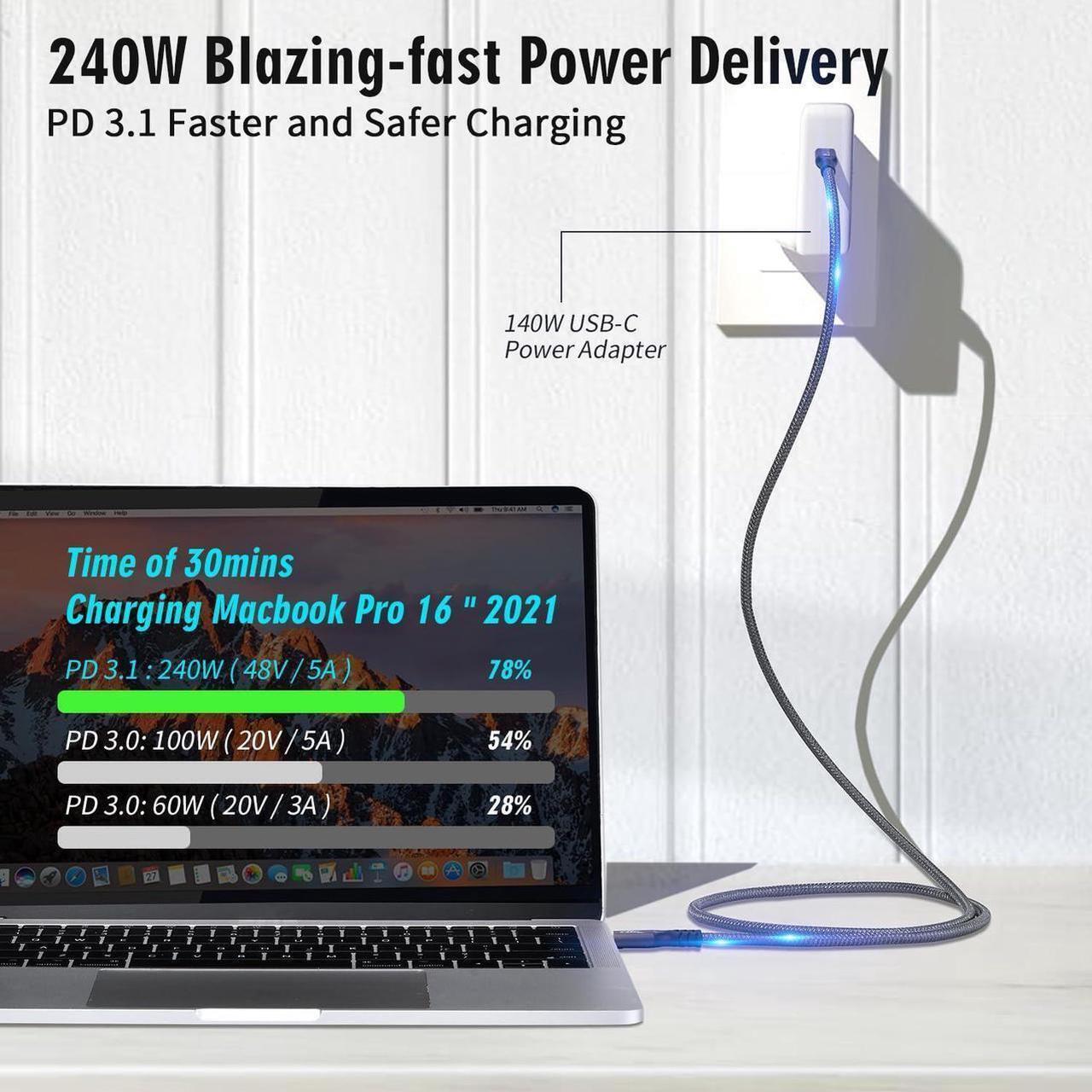 Alt view image 5 of 7 - 2 x USB C 3.2 Gen2 20Gbps, Type C 4K@60Hz UHD Video 5A/240W PD3.1 Fast Charge Cord with E-Marker Compatible with Thunderbolt 3/4 for MacBook Pro (USB3.2 20G 240W 0.5M 2PCS)