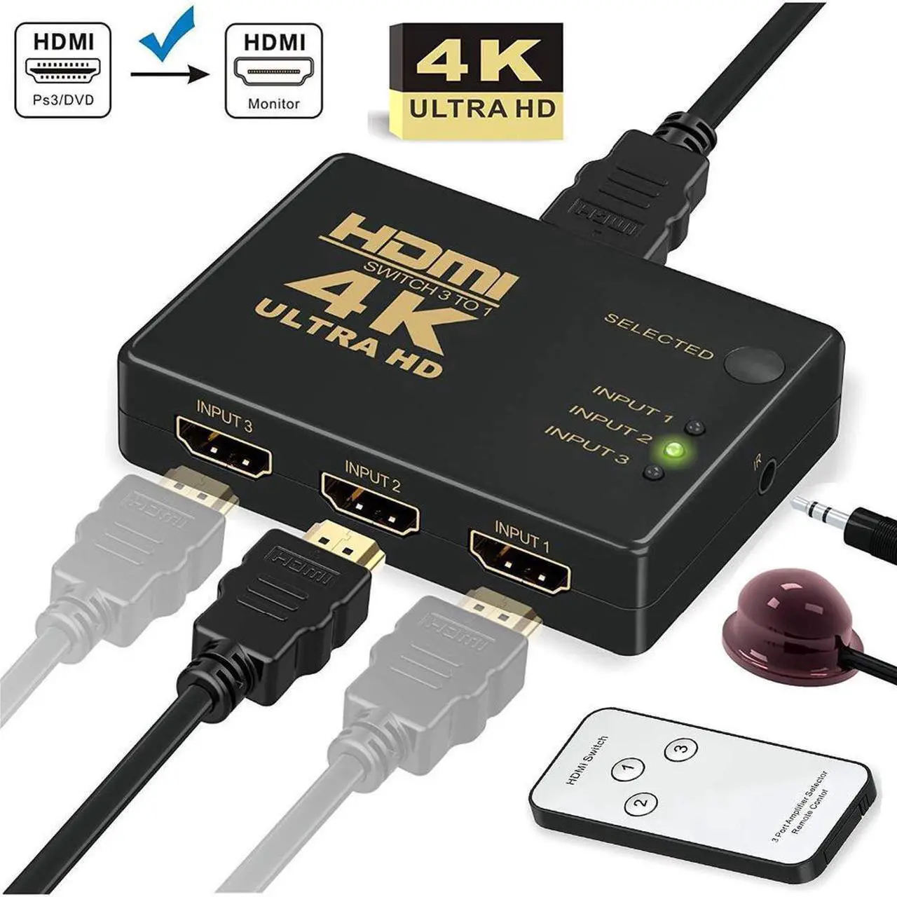 Main image of HDMI Switch 4K,  Intelligent 3-Port HDMI Switcher, Splitter, Supports 4K, Full HD1080p, 3D with IR Remote