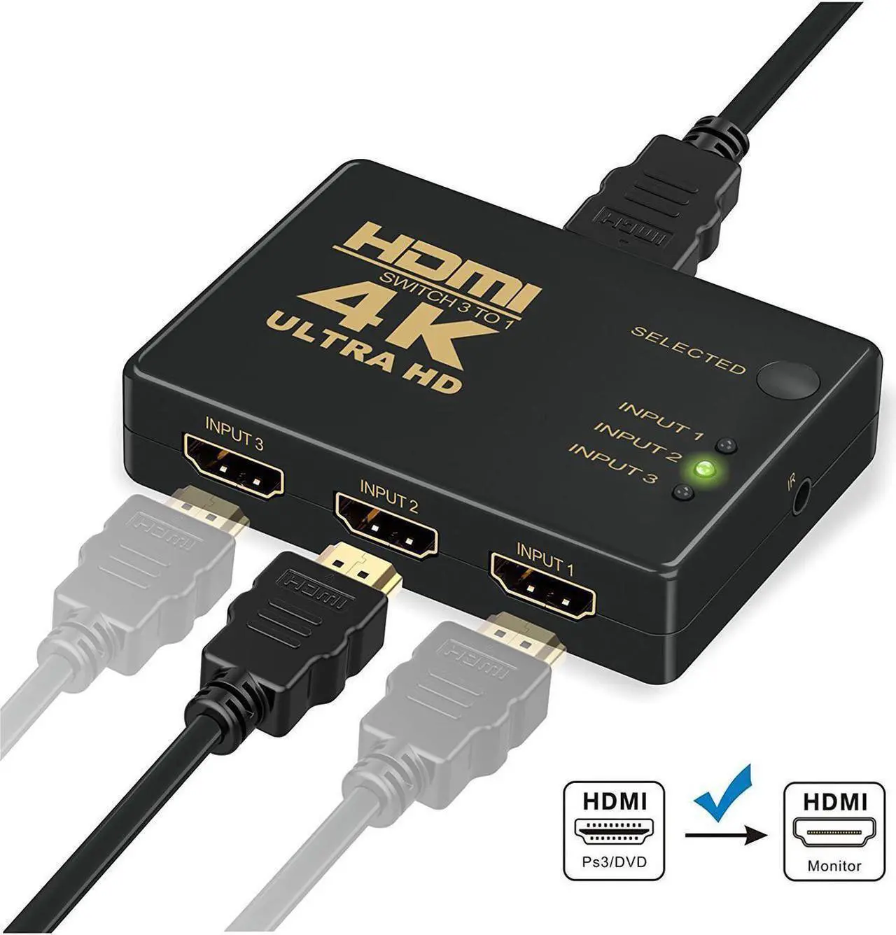Alt view image 7 of 7 - HDMI Switch 4K,  Intelligent 3-Port HDMI Switcher, Splitter, Supports 4K, Full HD1080p, 3D with IR Remote