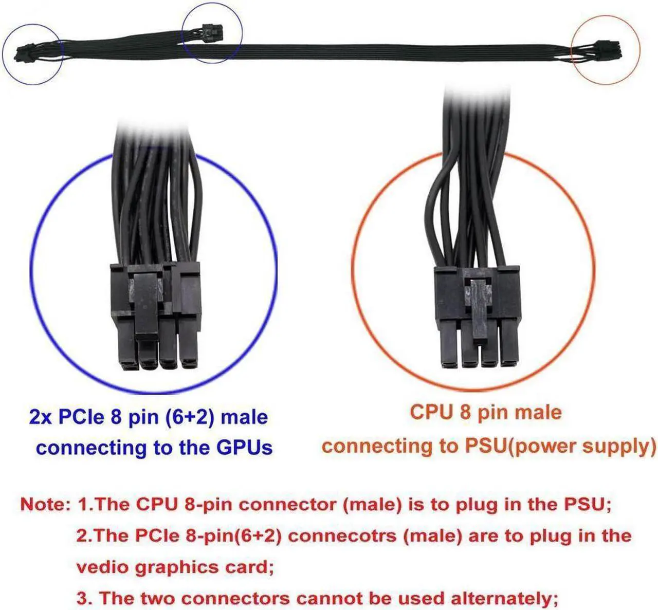 Alt view image 2 of 3 - CPU 8 Pin male to Dual PCIe 2x 8 Pin (6+2) male Power Adapter Cable for Modular Power Supply 25-inch+9-inch (63cm+23cm)