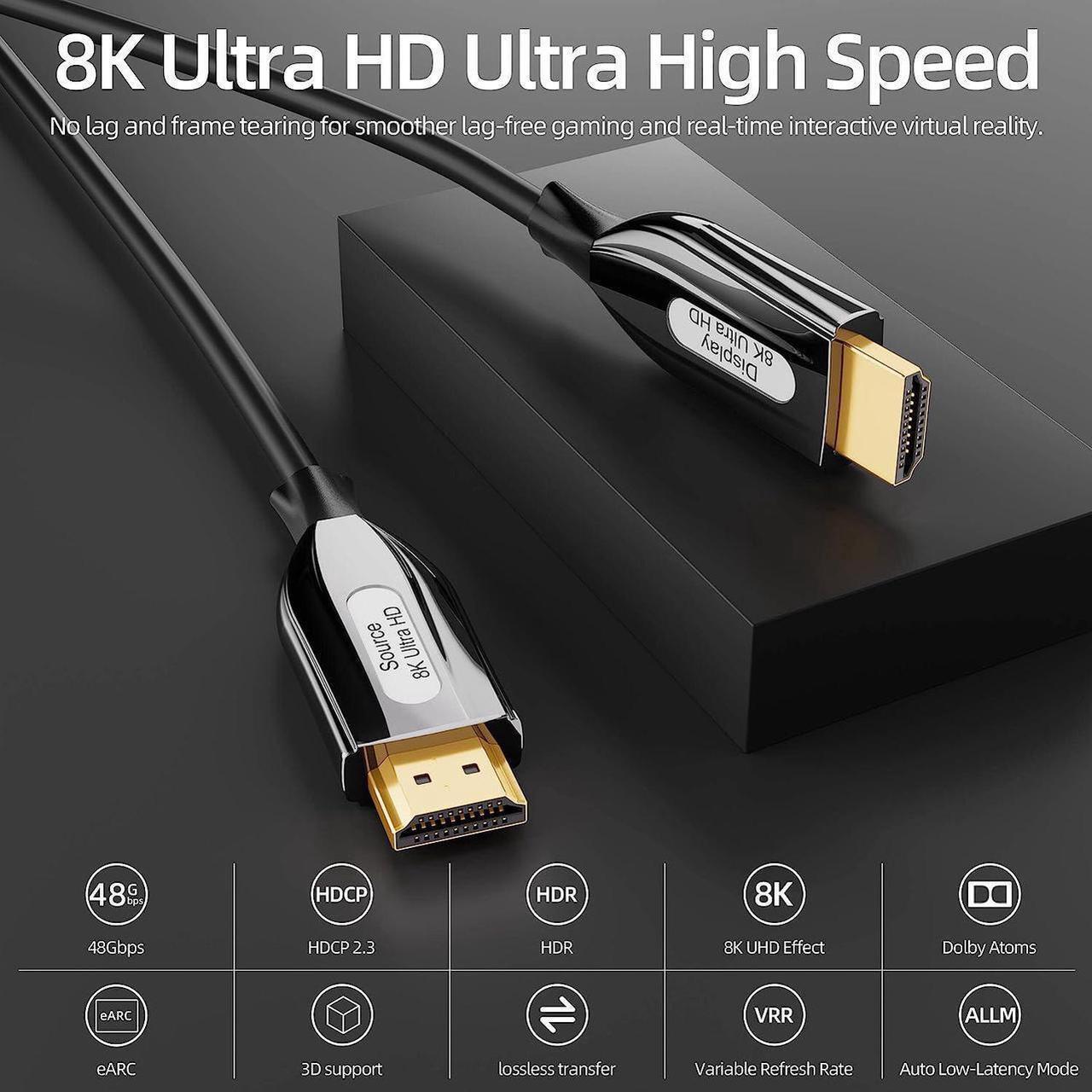 Alt view image 6 of 7 - 8K@60 Long HDMI Fiber Optic Cable 16FT/5M, 48Gbps 2.1 High Speed Gaming HDMI Cord 4K120 144Hz RTX 3090 eARC HDCP 2.2&2.3 Compatible for PS5, SoundBar, AVR, UHD TV