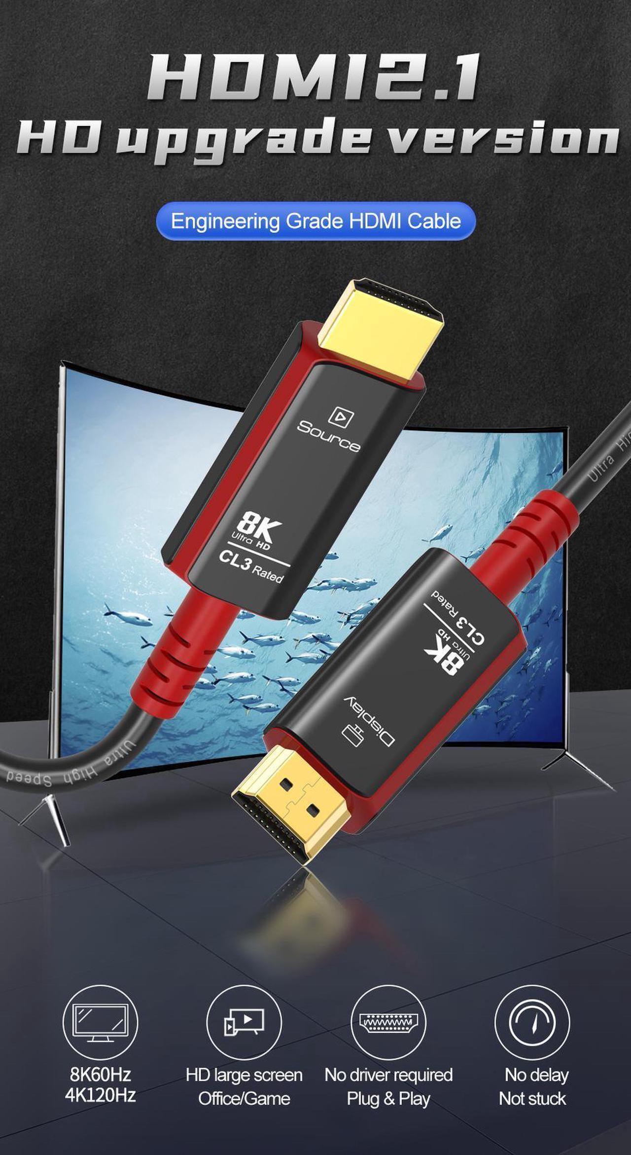Alt view image 7 of 7 - 100FT HDMI 2.1 8K Fiber Optic Cable 8K@60Hz 4K@120Hz Dynamic HDR/eARC/HDCP 2.3 Slim Flexible Suitable for Laptop Monitor RTX 3080 3090 Xbox Series X PS5, (Black+Red)