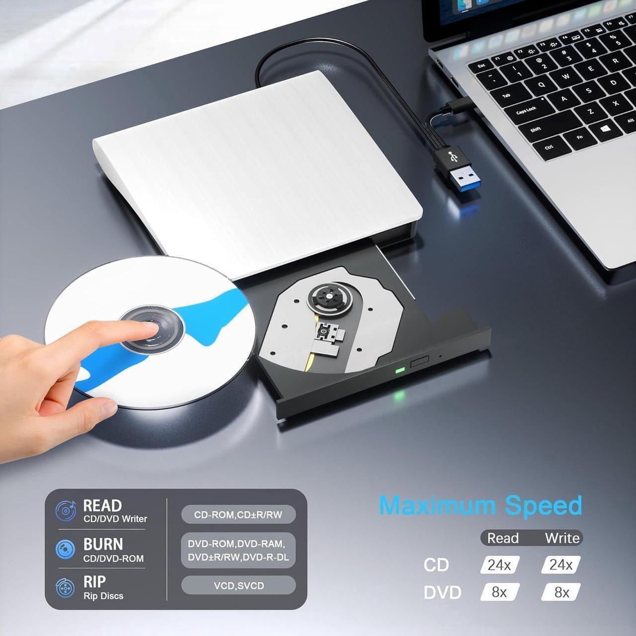 Alt view image 5 of 7 - Aomoproing  External CD/DVD Drive for Laptop PC, Portable CD DVD Player USB 3.0 & Type C Portable Optical Drive CD DVD ROM DVD Burner Compatible with Windows 10 11 Linux Mac OS (White)