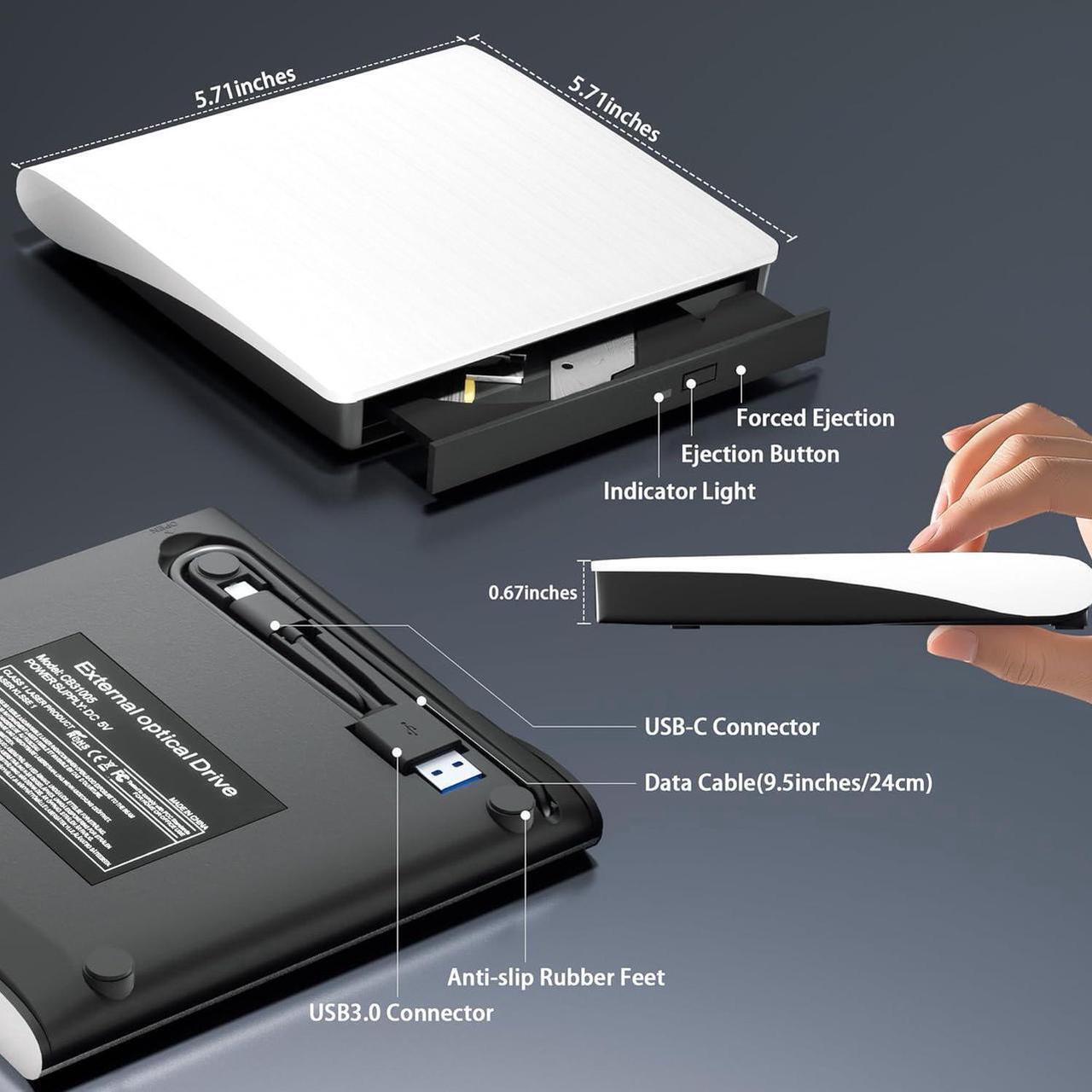 Alt view image 2 of 7 - Aomoproing  External CD/DVD Drive for Laptop PC, Portable CD DVD Player USB 3.0 & Type C Portable Optical Drive CD DVD ROM DVD Burner Compatible with Windows 10 11 Linux Mac OS (White)