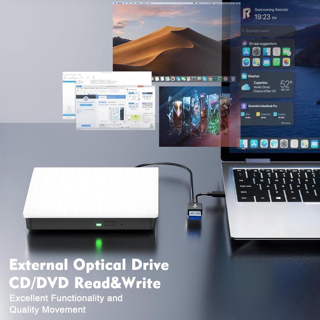Alt view image 6 of 7 - Aomoproing  External CD/DVD Drive for Laptop PC, Portable CD DVD Player USB 3.0 & Type C Portable Optical Drive CD DVD ROM DVD Burner Compatible with Windows 10 11 Linux Mac OS (White)