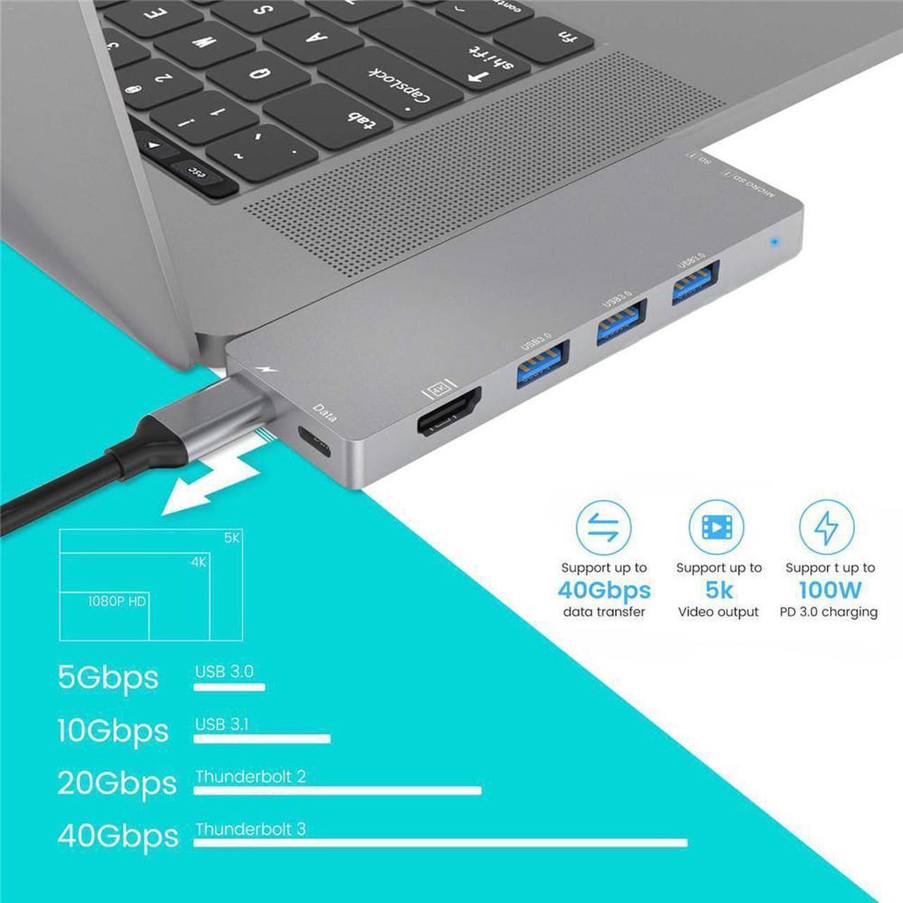 Alt view image 6 of 7 - USB C Hub for MacBook Pro 2018/2017/2016 MacBook Air 2018/2019, 8 in 2 Aluminum Type C Hub Adapter with 4K HDMI, 40Gbps Thunderbolt 3, 100W PD, 3 USB 3.0 and SD/Micro Card Readers
