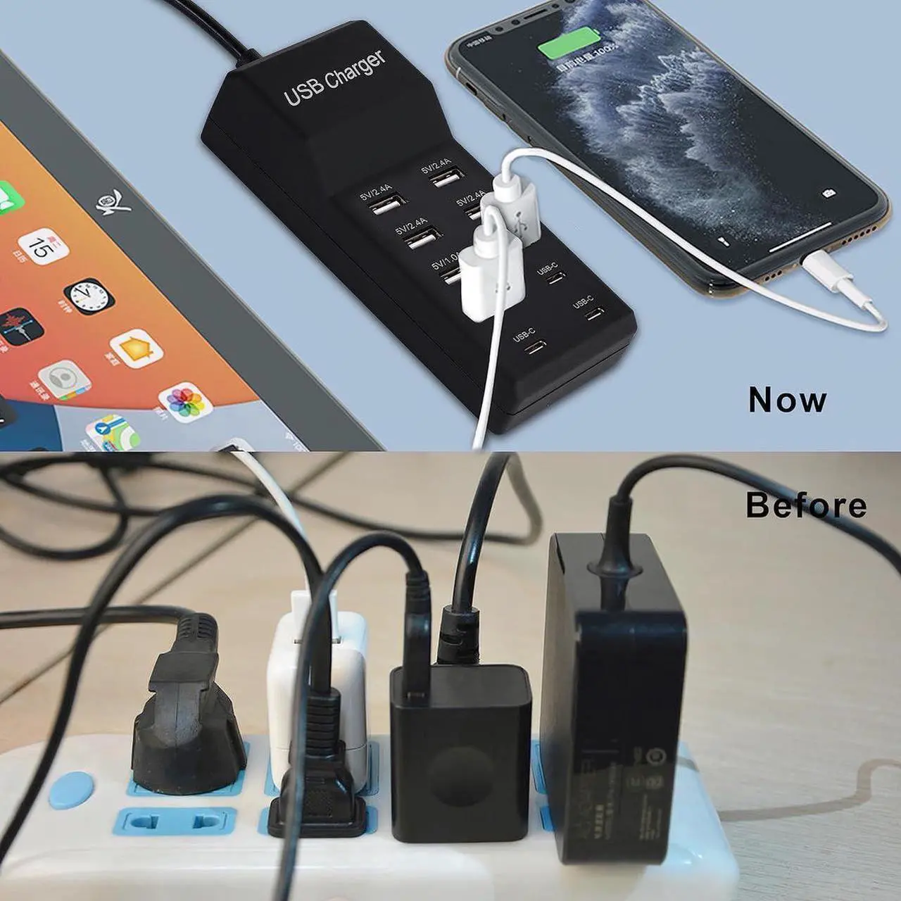 Alt view image 7 of 7 - Aomoproing USB Charger,5V 10A(50W) USB Charging Station with 10-Port (6 USB-A Port & 4 USB-C Port) Compatible with iPhone 15/14/13/12/11/X/8/7/6 Phones, Watch,Tablets, Smartphones Black