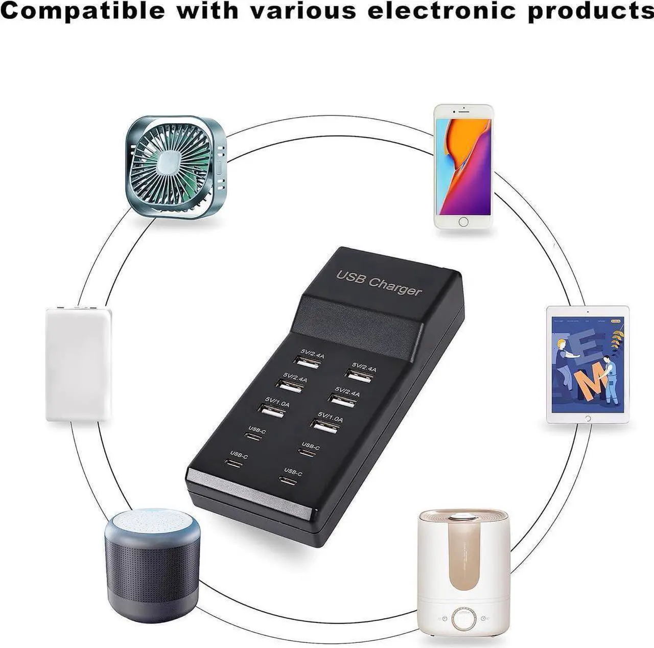 Alt view image 5 of 7 - Aomoproing USB Charger,5V 10A(50W) USB Charging Station with 10-Port (6 USB-A Port & 4 USB-C Port) Compatible with iPhone 15/14/13/12/11/X/8/7/6 Phones, Watch,Tablets, Smartphones Black