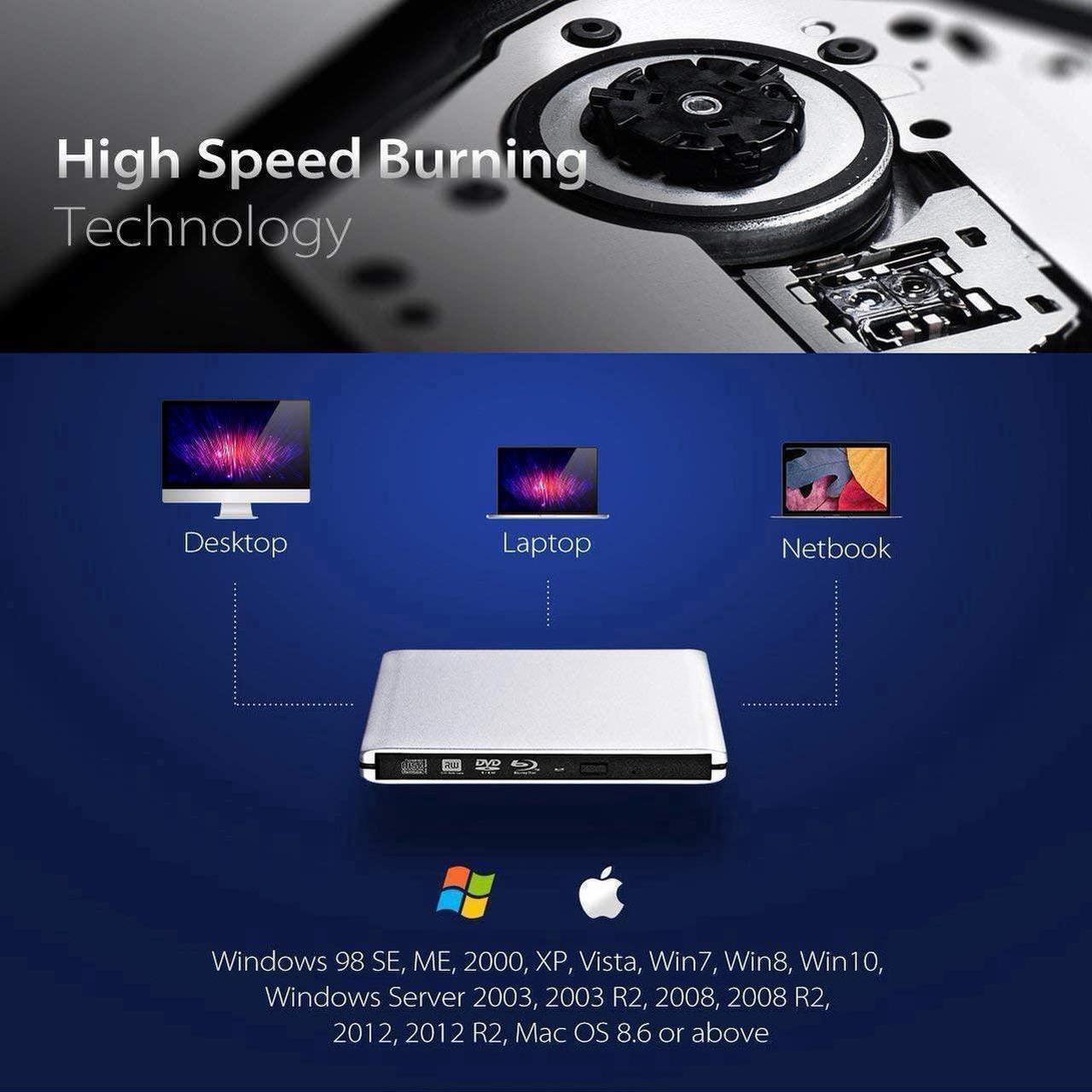 Alt view image 4 of 5 - External Blu Ray DVD Drive , USB 3.0 Burner Slim Optical Portable Blu-ray CD DVD Reader Writer RW Player for Laptop Desktop MacBook OS Windows 7 8 10 PC iMac Laptop (Silver)