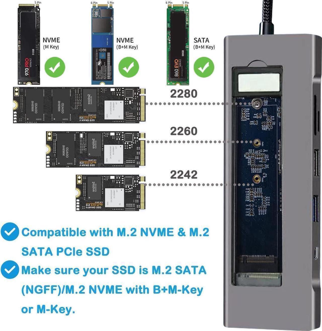 Alt view image 5 of 6 - USB-C Hub with M.2 NVMe/SATA SSD Enclosure, 8 in 1 USB C Hub Adapter Fits PCIe 3.0 NVMe M.2 SSD, 2.5-inch SATA HDD with 4K HDMI, 10Gbps USB-C 3.1 & USB 3.1, USB 2.0, SD/Micro SD, 100W PD for Laptops