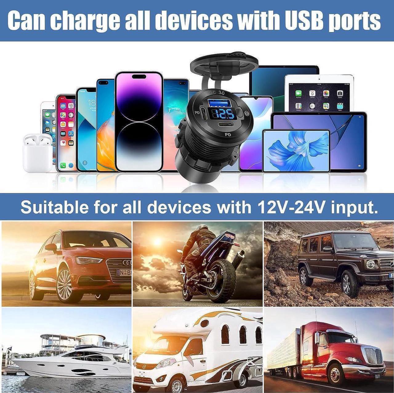 Alt view image 6 of 7 - 12V USB Car Socket Round USB C 12V Outlet, 3-Port Marine USB Fast Charger Waterproof Cigarette Outlet USB Replacement Aluminum with Switch & Voltmeter, Suitable for Boat Golf Cart RV Motorcycle Truck