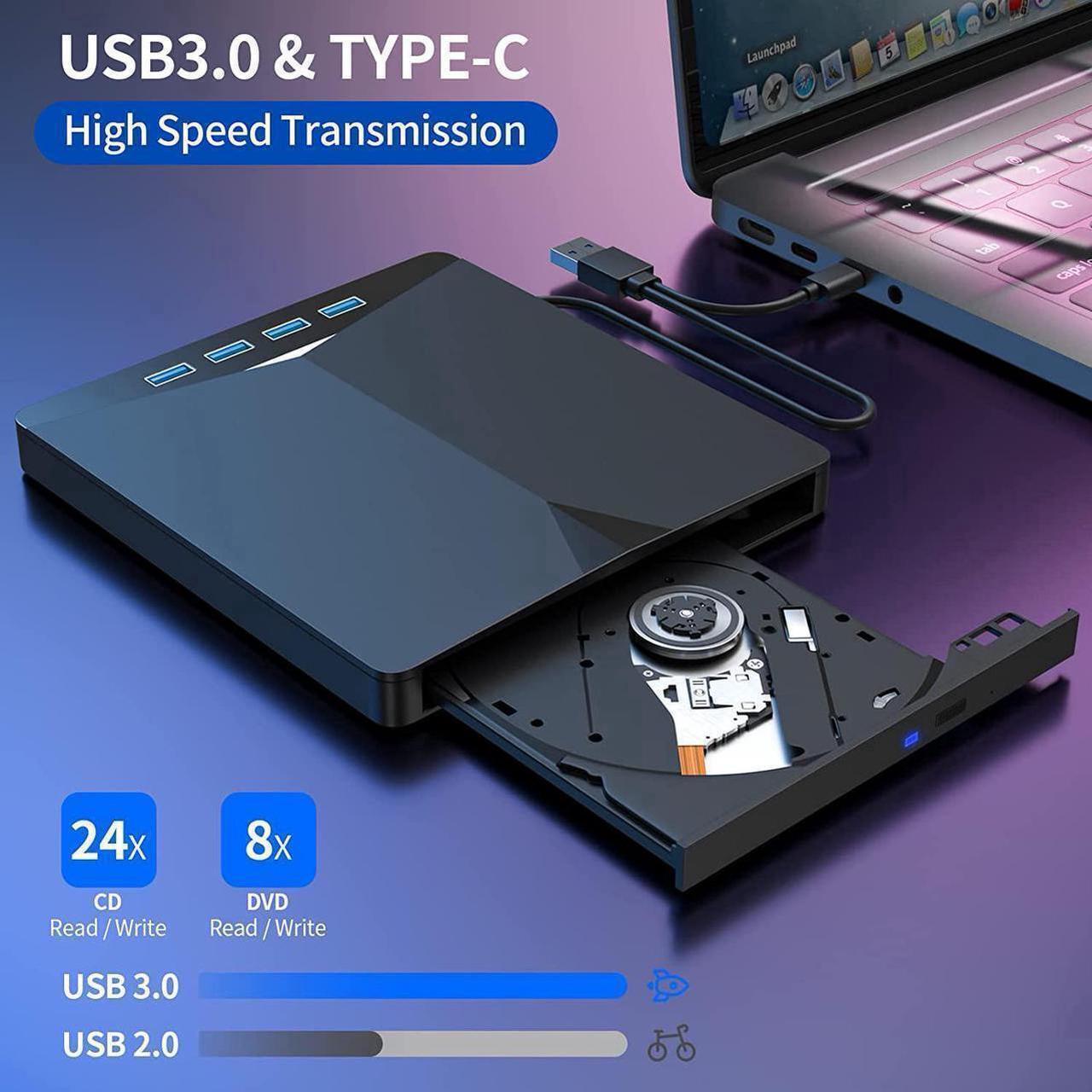Alt view image 6 of 7 - USB 3.0 & Type C External CD/DVD Drive, 7 in 1 USB 3.0 USB C DVD Player Portable CD/DVD Burner, CD ROM External DVD Drive Compatible with Laptop Desktop PC Windows 11/10/8/7 Linux Mac OS (Jet Balck)