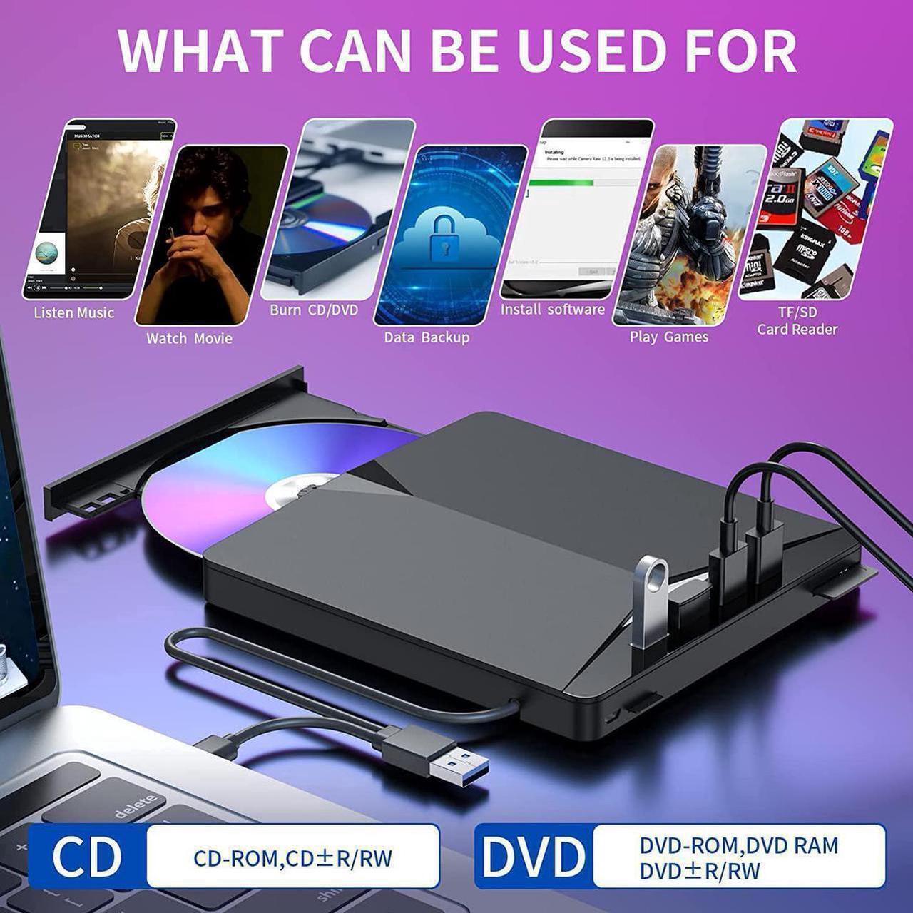 Alt view image 2 of 7 - USB 3.0 & Type C External CD/DVD Drive, 7 in 1 USB 3.0 USB C DVD Player Portable CD/DVD Burner, CD ROM External DVD Drive Compatible with Laptop Desktop PC Windows 11/10/8/7 Linux Mac OS (Jet Balck)