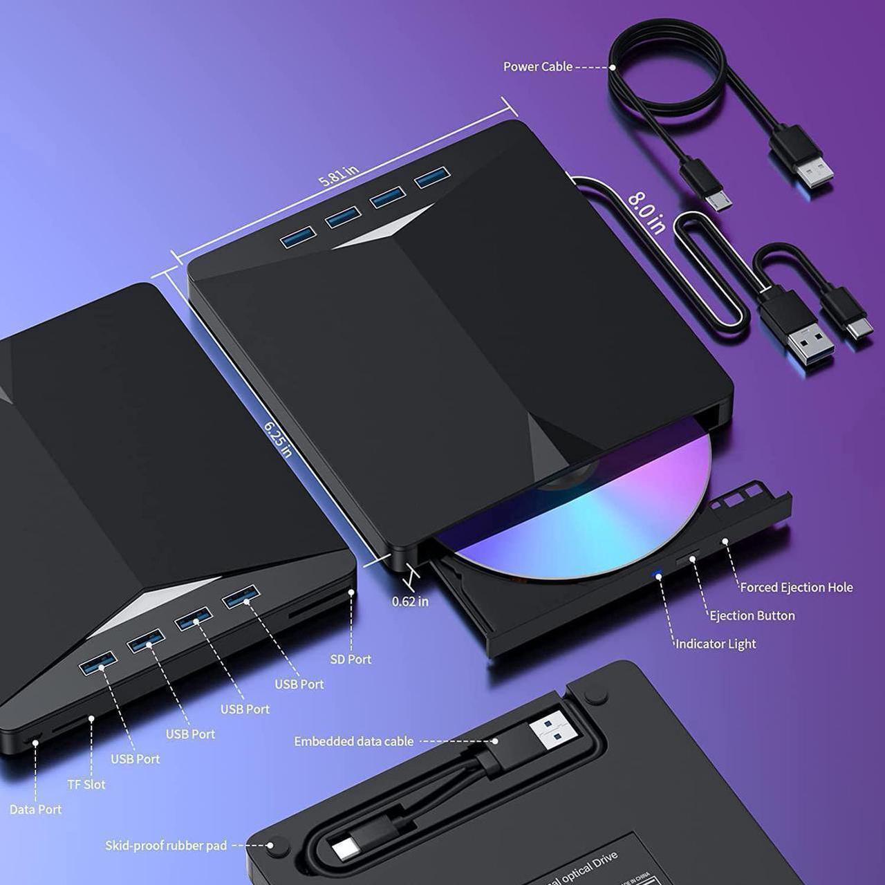 Alt view image 4 of 7 - USB 3.0 & Type C External CD/DVD Drive, 7 in 1 USB 3.0 USB C DVD Player Portable CD/DVD Burner, CD ROM External DVD Drive Compatible with Laptop Desktop PC Windows 11/10/8/7 Linux Mac OS (Jet Balck)