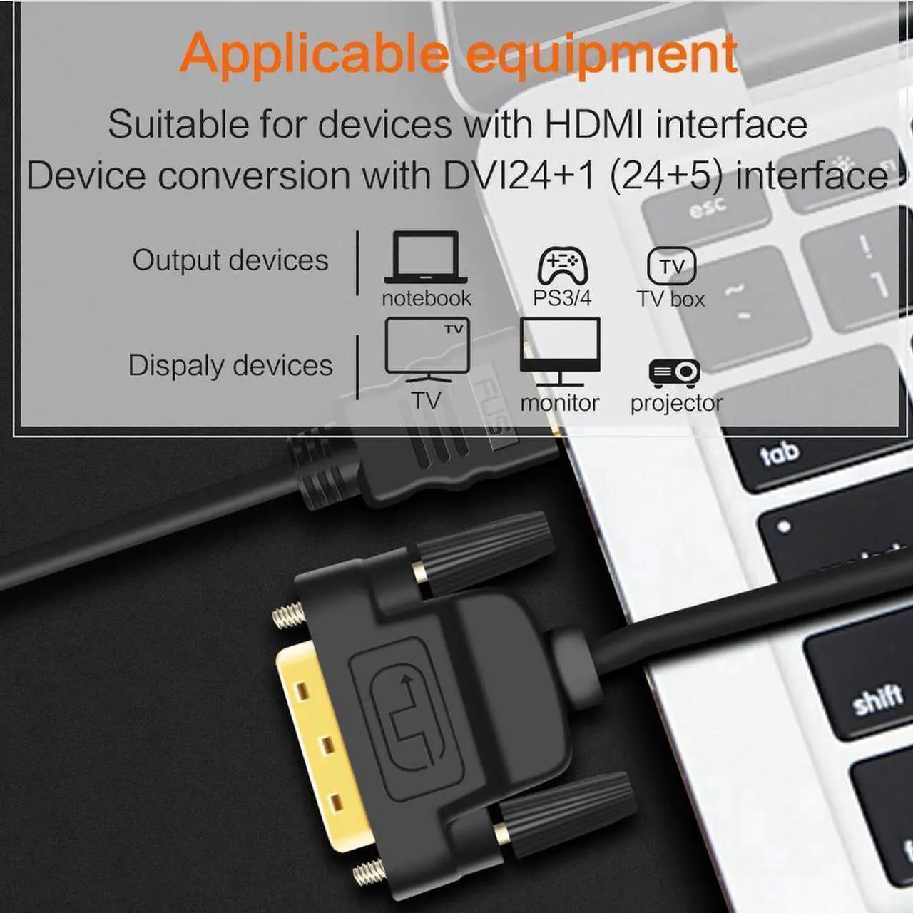 Alt view image 6 of 7 - HDMI to DVI Cable DVI to HDMI Male 24+1 DVI-D Male Adapter Gold Plated 1080P for HD HDTV HD PC Projector PS4 etc. (9 Feet 3 Meters)