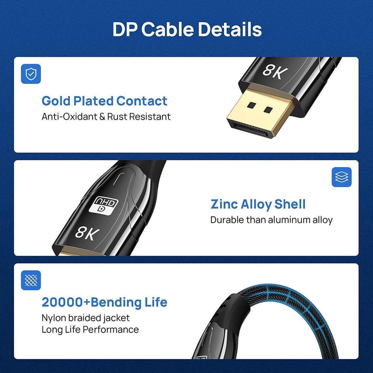 Alt view image 5 of 6 - DisplayPort Cable DP 1.4 10ft / 3M, 8K DP to DP Cable Bandwidth 32.4 Gbit/s, FreeSync & G-Sync, Support 8K @60Hz, 4K @144Hz/120Hz/60Hz, 2K @165Hz, 1080P @240Hz, Compatible With PC / Monitor - Grey