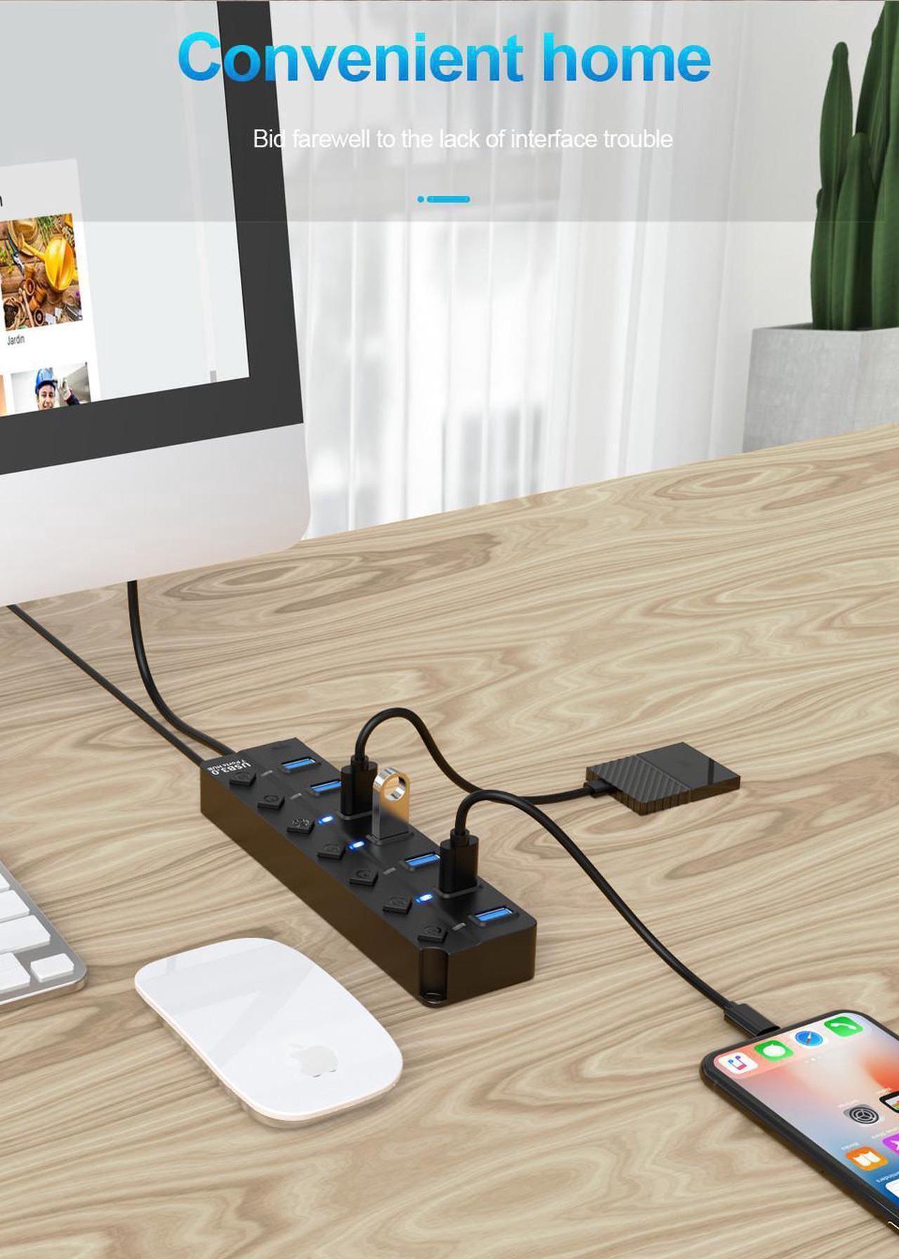 Alt view image 6 of 7 - 7 Port Powered USB Hub, USB3.0 Data Hub with 7 USB 3.0 Data Port , USB Charging Hub for Mobile HDD, MacBook, iMac, Mac Pro/Mini, iPad Air, PC, Laptop, and More