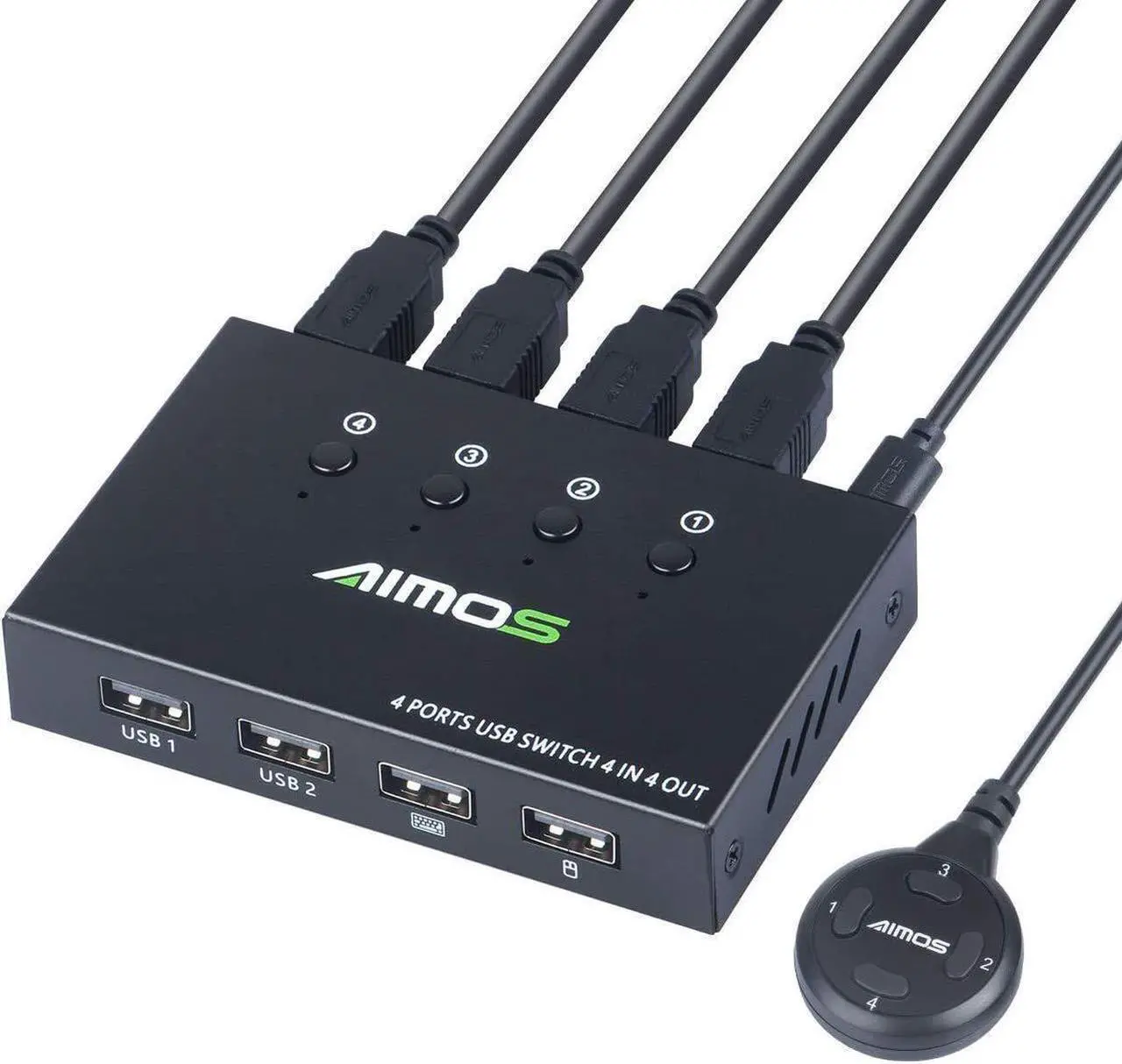 Main image of USB Switch Selector 4 Port, USB KVM Switcher 4 Computers Sharing 4 USB Devices One-Button Swapping, for Share Mouse, Keyboard, Printer, Scanner, with 4 USB Cables