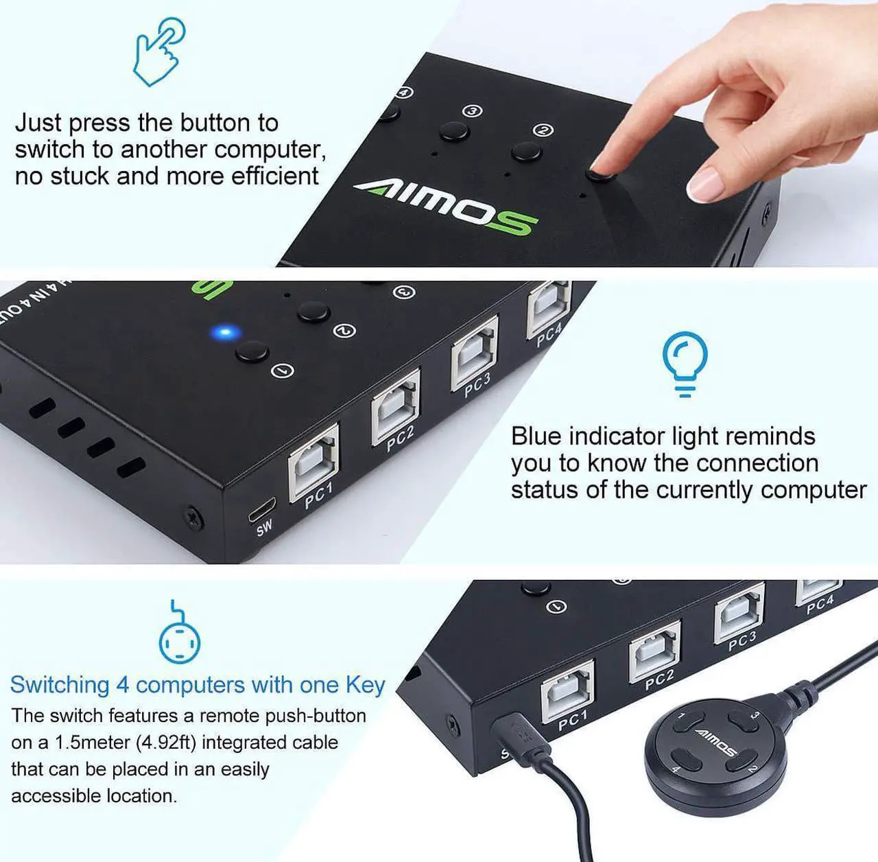 Alt view image 4 of 7 - USB Switch Selector 4 Port, USB KVM Switcher 4 Computers Sharing 4 USB Devices One-Button Swapping, for Share Mouse, Keyboard, Printer, Scanner, with 4 USB Cables