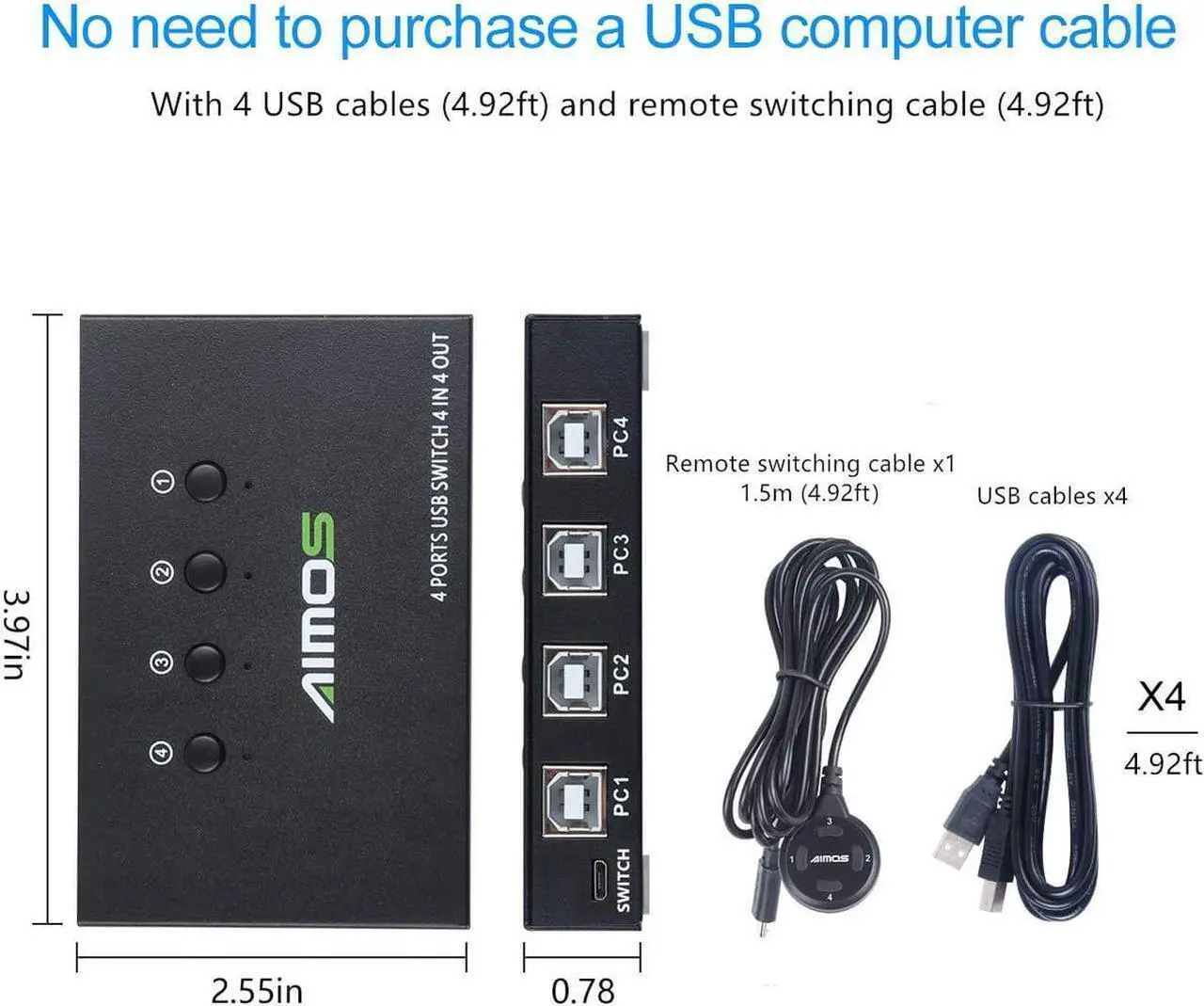 Alt view image 6 of 7 - USB Switch Selector 4 Port, USB KVM Switcher 4 Computers Sharing 4 USB Devices One-Button Swapping, for Share Mouse, Keyboard, Printer, Scanner, with 4 USB Cables