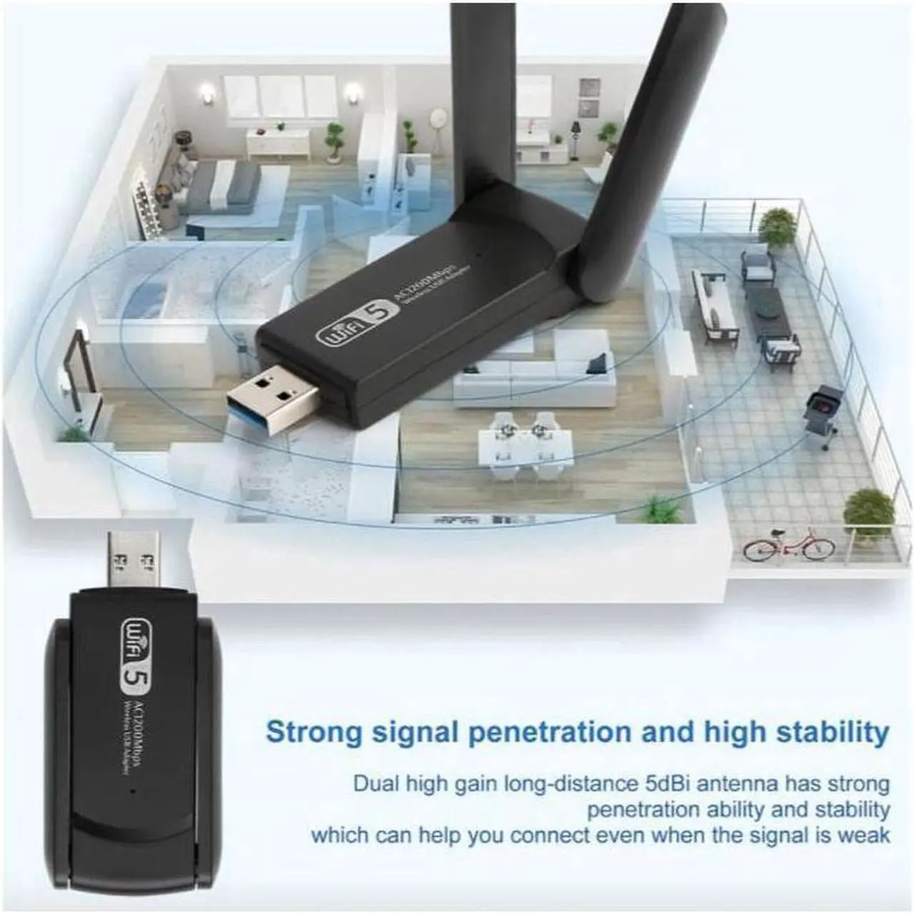 Alt view image 3 of 5 - 1200Mbps Long Range AC1200 Dual Band 5GHz Wireless USB 3.0 WiFi Adapter Antennas