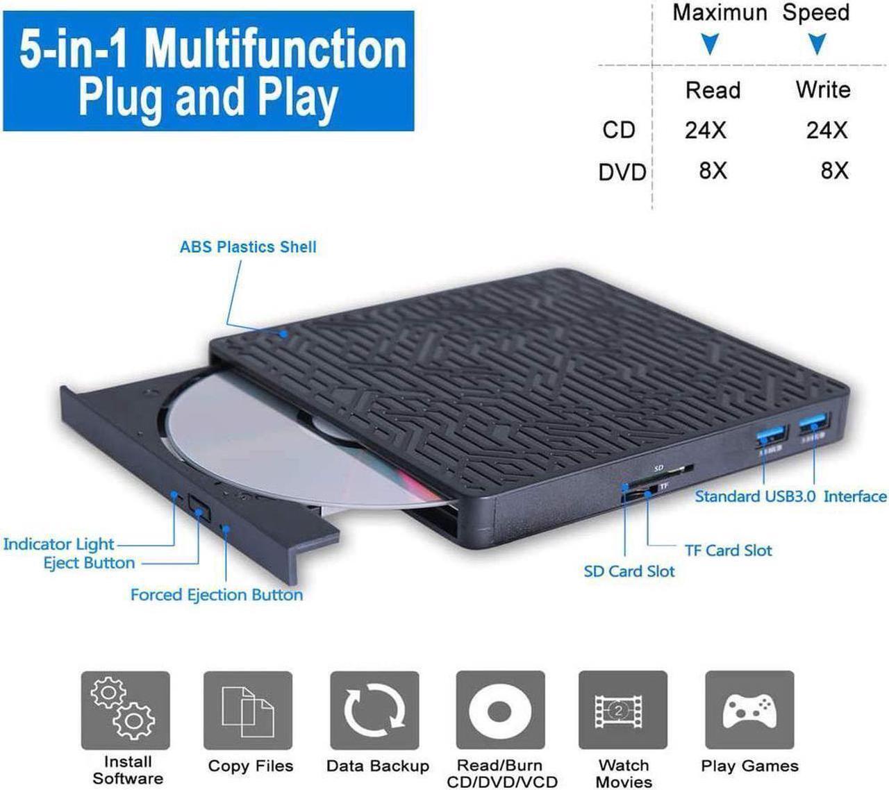 Alt view image 5 of 7 - USB 3.0&USB-C External CD DVD Drive,Multifunctional External CD/DVD +/- RW Burner Player Writer Support SD/TF Card/2 USB 3.0 Ports/Charging,Compatible with Mac OS/Windows/MacBook/Laptop/Desktop-Black