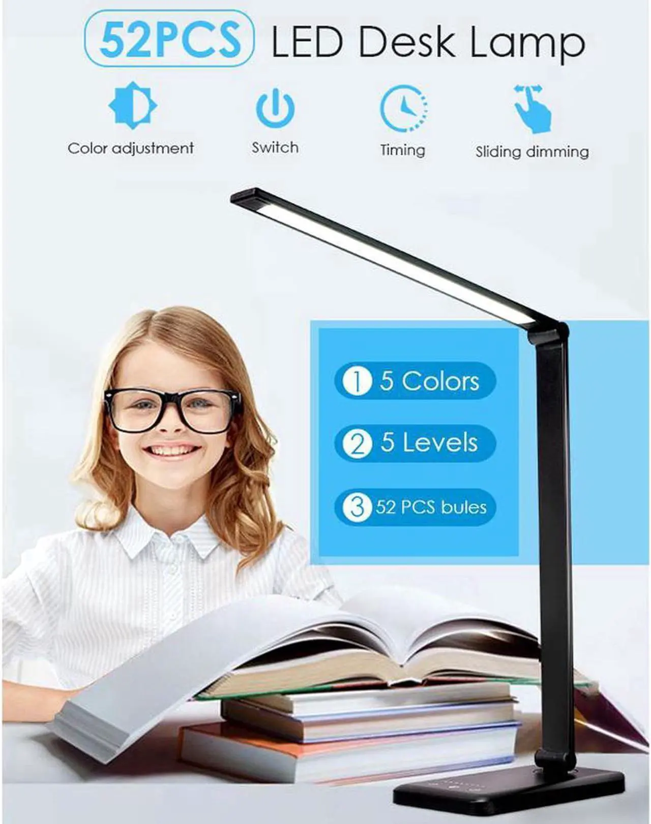 Alt view image 4 of 6 - 52PCS LED Desk Lamp 5 Color x5 Dimable Level Touch USB Chargeable Reading Eye-protect with timer Table lamp Night Light