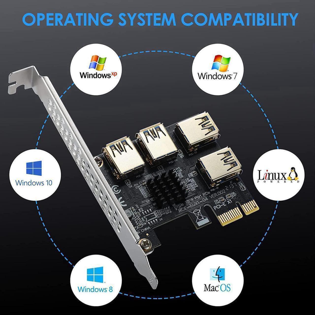 Alt view image 2 of 6 - PCI Express Multiplier Riser Card,PCIe Splitter 1 to 4 PCI-Express 16X Slots Expansion Card Board, PCI-E 1x to External PCI-e USB 3.0 Converter Adapter Card 4 Ports for Bitcoin ETH Mining Miner Device