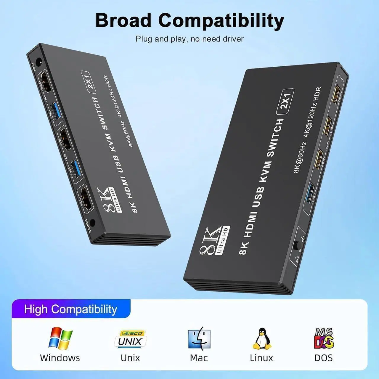 Alt view image 3 of 7 - USB 3.0 HDMI KVM Switch 1 Monitor 2 Computers, Support 8K@60Hz 4K@120Hz, HDMI KVM Switches for 2 Computers Sharing Monitor Keyboard Mouse Printer, with EDID Adaptive, 2 USB Cable & Controller