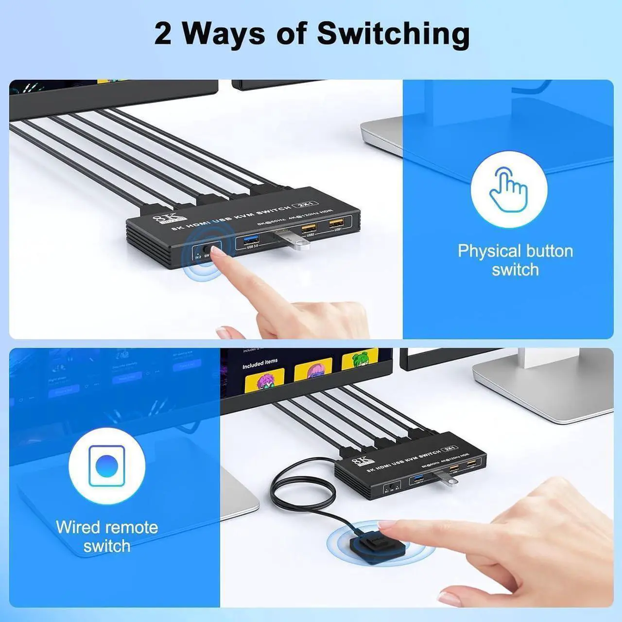 Alt view image 4 of 7 - USB 3.0 HDMI KVM Switch 1 Monitor 2 Computers, Support 8K@60Hz 4K@120Hz, HDMI KVM Switches for 2 Computers Sharing Monitor Keyboard Mouse Printer, with EDID Adaptive, 2 USB Cable & Controller