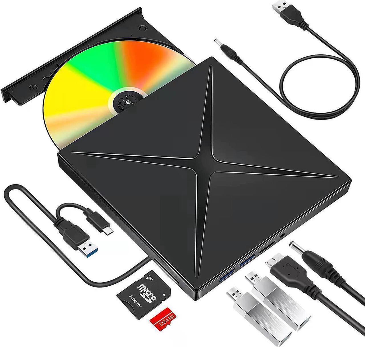 Main image of 5 in 1 External CD/DVD Drive for Laptop, Ultra Slim USB 3.0 Type-C CD DVD +/-RW Burner, Optical Disk Drive Player with 2 USB Ports and TF/SD Reader, for Laptop Mac PC Windows 11/10/8/7 Linux OS
