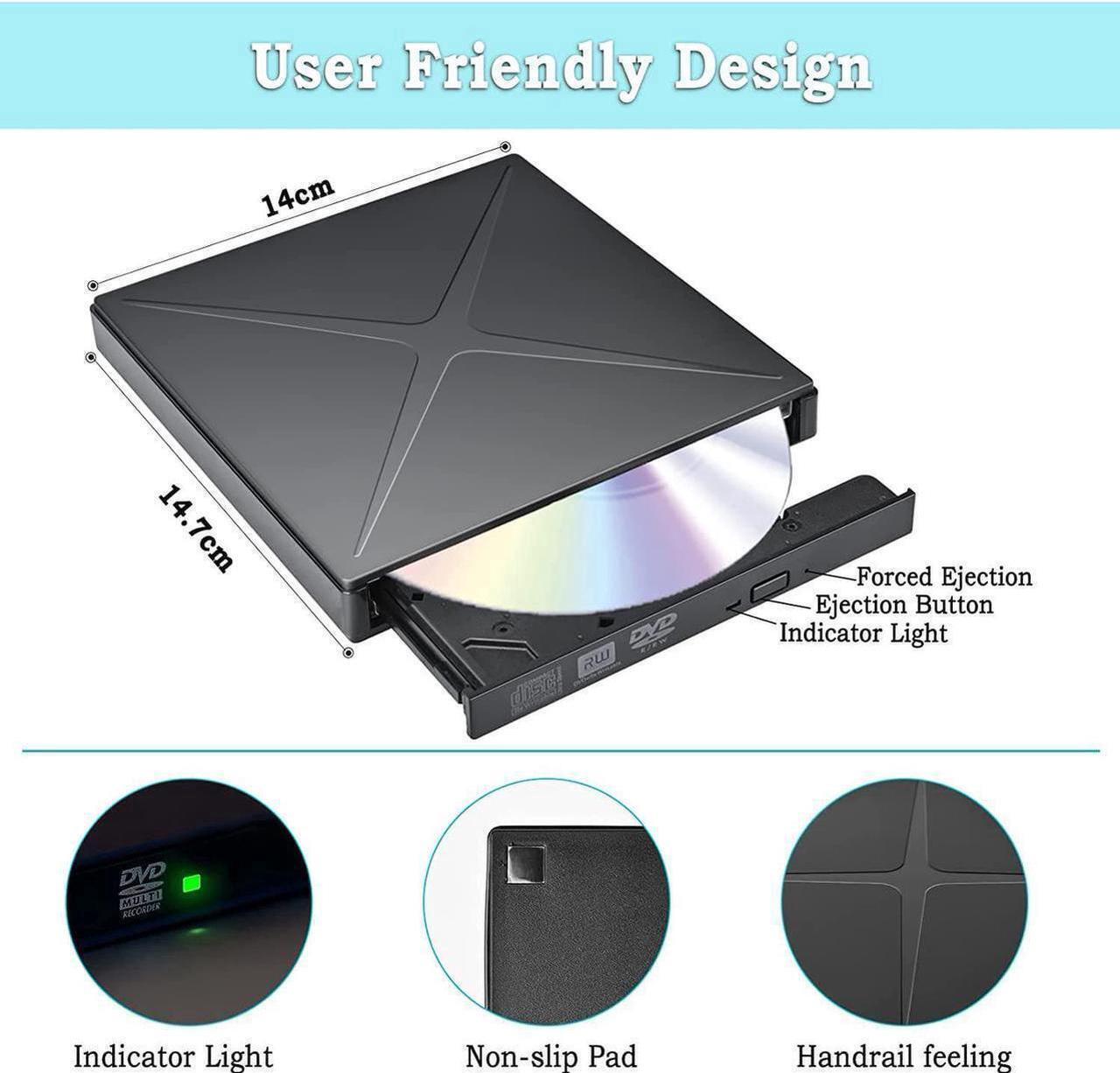 Alt view image 4 of 6 - 5 in 1 External CD/DVD Drive for Laptop, Ultra Slim USB 3.0 Type-C CD DVD +/-RW Burner, Optical Disk Drive Player with 2 USB Ports and TF/SD Reader, for Laptop Mac PC Windows 11/10/8/7 Linux OS