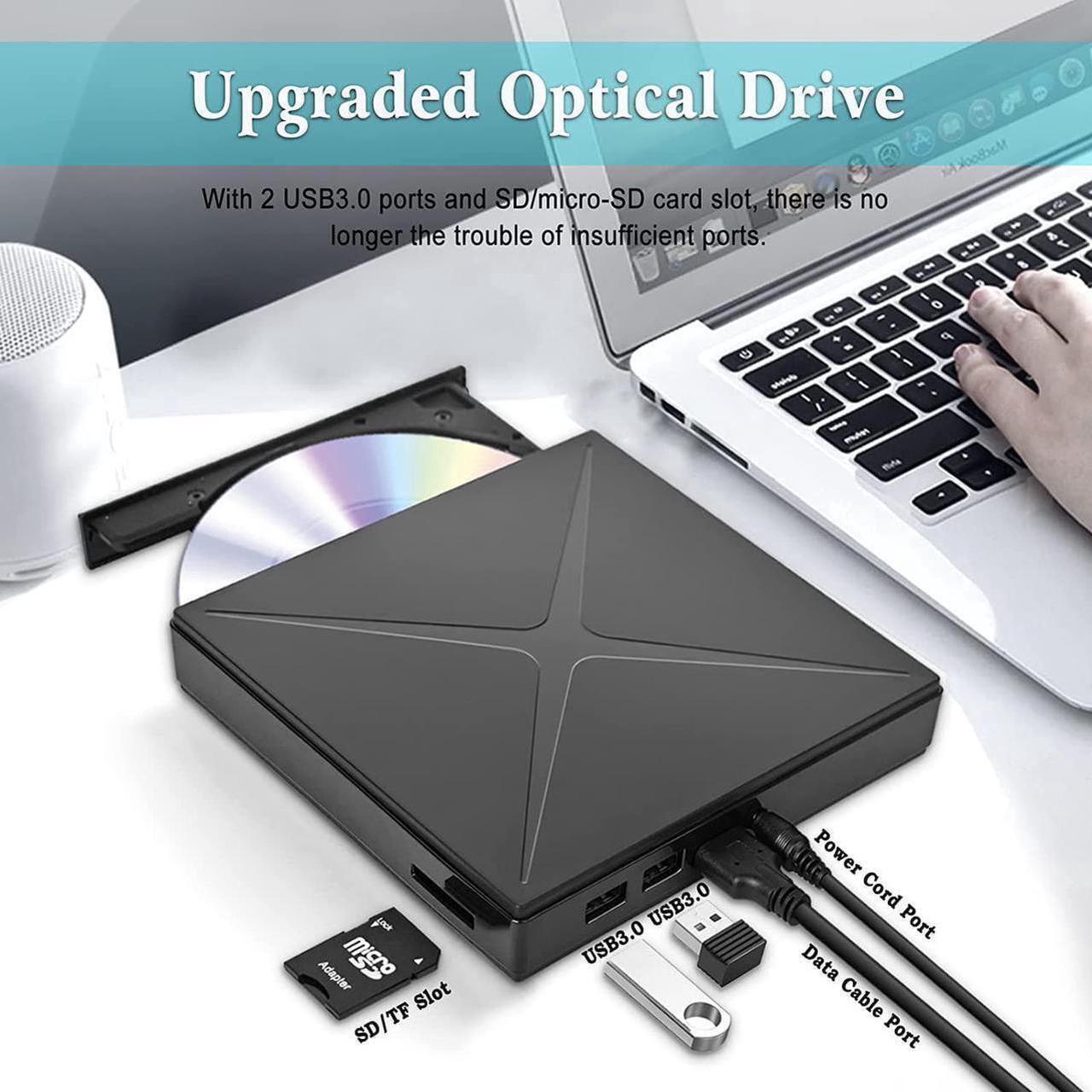 Alt view image 5 of 6 - 5 in 1 External CD/DVD Drive for Laptop, Ultra Slim USB 3.0 Type-C CD DVD +/-RW Burner, Optical Disk Drive Player with 2 USB Ports and TF/SD Reader, for Laptop Mac PC Windows 11/10/8/7 Linux OS