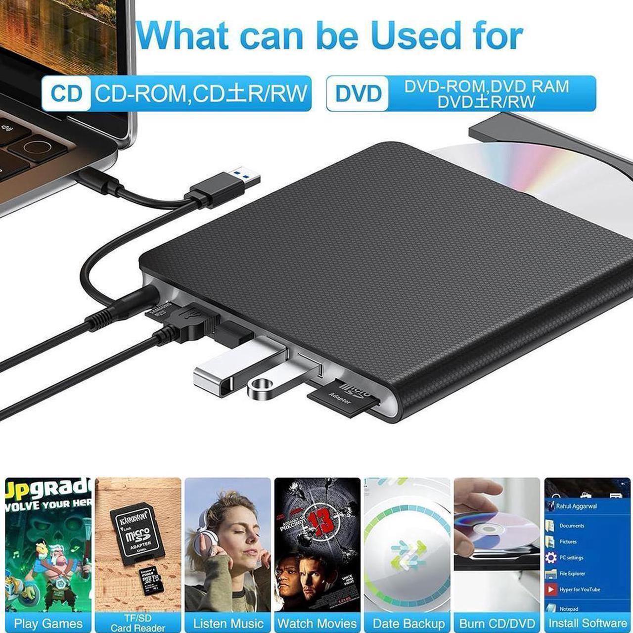 Alt view image 4 of 6 - External CD DVD Drive for Laptop, [7 in 1] USB 3.0 & Type C CD Burner External DVD Drive Portable DVD Player with 4 USB and TF/SD Slots,Slim External CD Drive Compatible with Windows Linux MacOS
