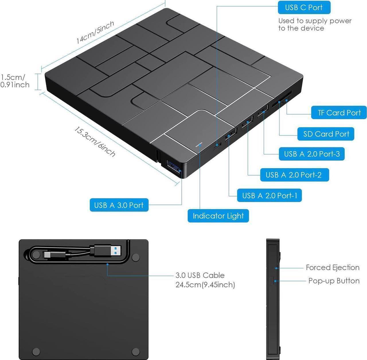 Alt view image 3 of 7 - New Upgraded External DVD Drive for Laptop, USB 3.0 Portable CD/DVD +/-RW Drive/DVD Player with 4 USB Ports & 2 SD Card Slots & 1 Type-C Ports Maximum 24x CD Write/Read Speed for Notebook OS Windows