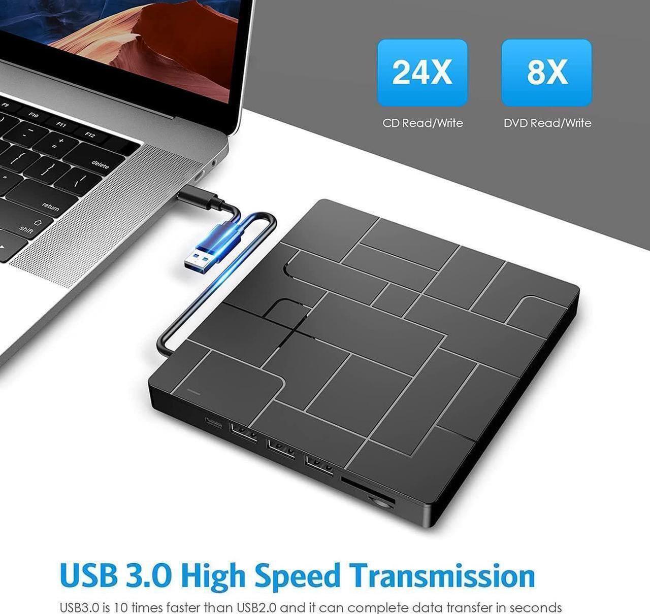 Alt view image 5 of 7 - New Upgraded External DVD Drive for Laptop, USB 3.0 Portable CD/DVD +/-RW Drive/DVD Player with 4 USB Ports & 2 SD Card Slots & 1 Type-C Ports Maximum 24x CD Write/Read Speed for Notebook OS Windows