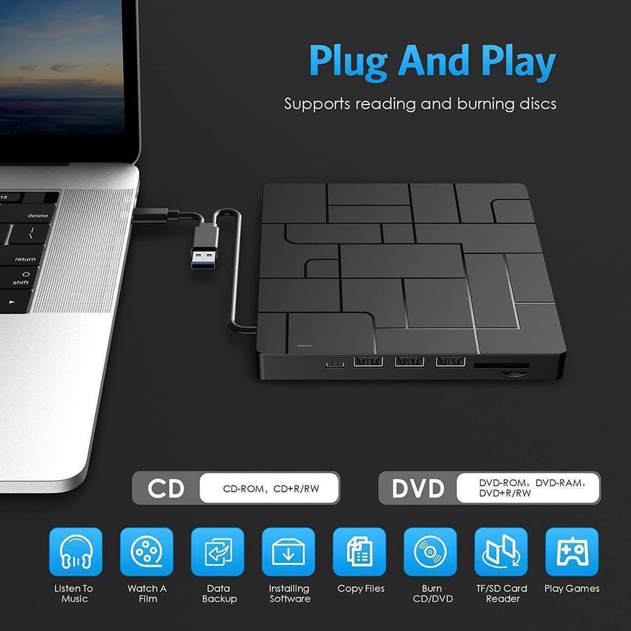 Alt view image 7 of 7 - New Upgraded External DVD Drive for Laptop, USB 3.0 Portable CD/DVD +/-RW Drive/DVD Player with 4 USB Ports & 2 SD Card Slots & 1 Type-C Ports Maximum 24x CD Write/Read Speed for Notebook OS Windows