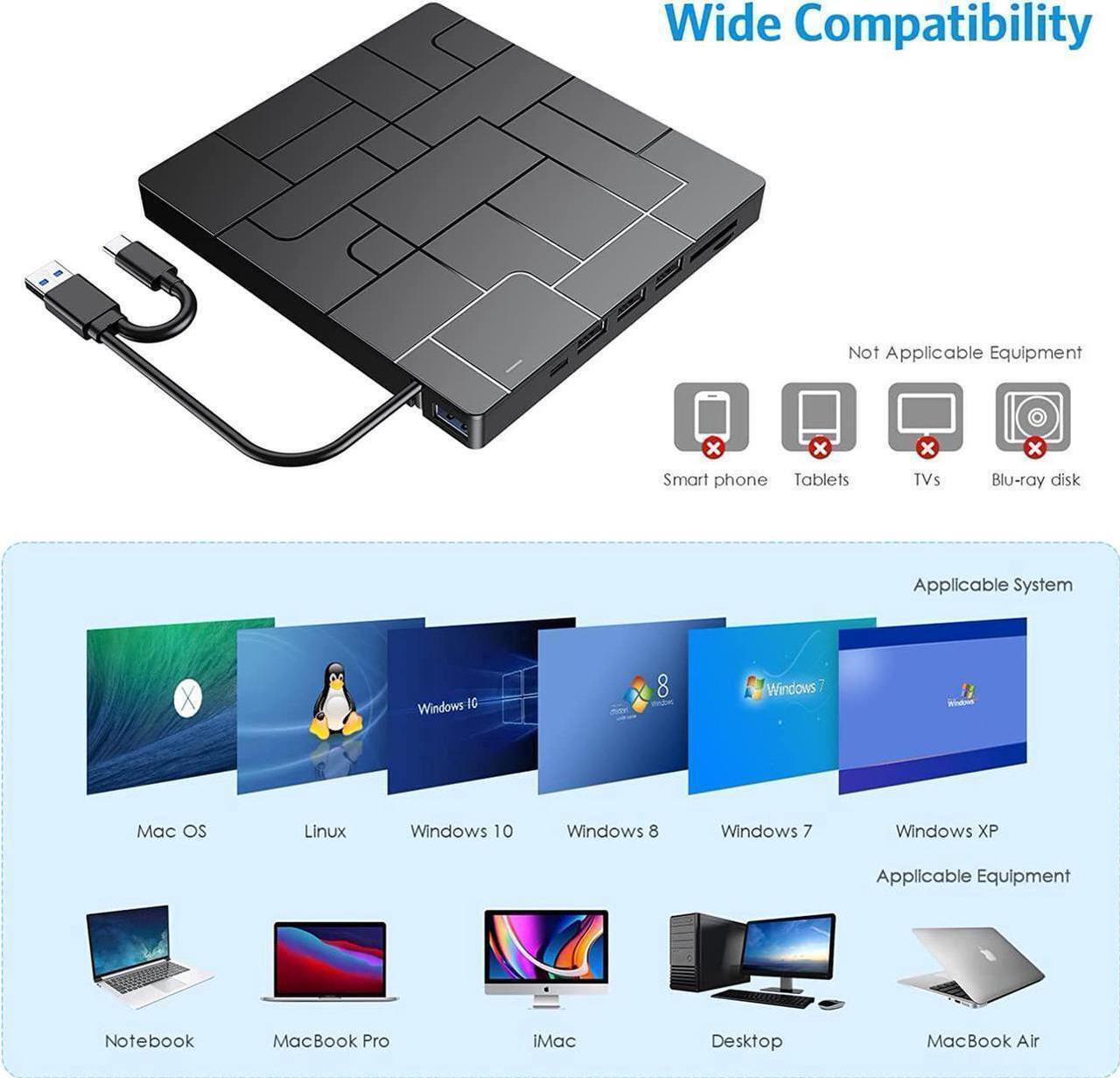 Alt view image 4 of 7 - New Upgraded External DVD Drive for Laptop, USB 3.0 Portable CD/DVD +/-RW Drive/DVD Player with 4 USB Ports & 2 SD Card Slots & 1 Type-C Ports Maximum 24x CD Write/Read Speed for Notebook OS Windows