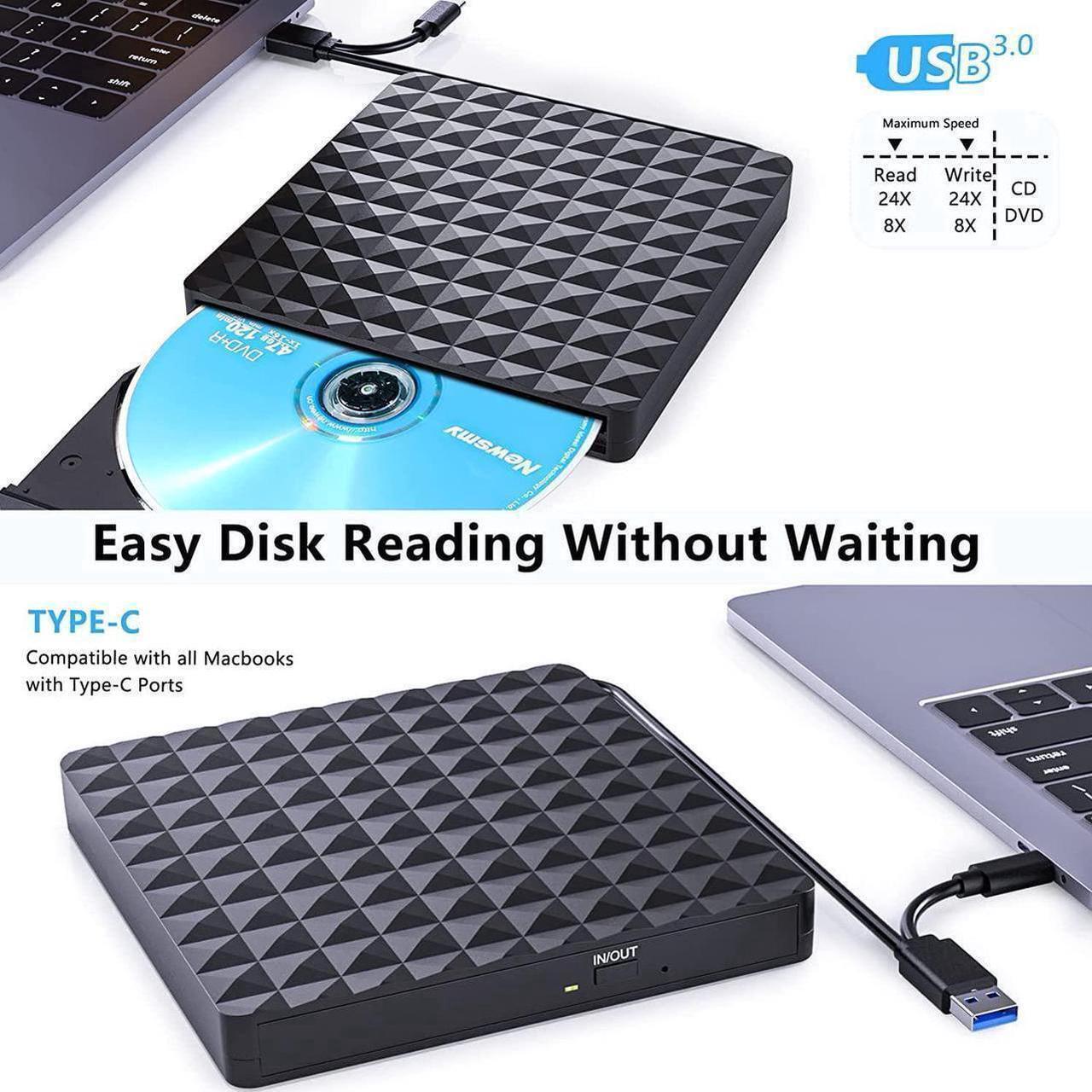 Alt view image 3 of 7 - USB 3.0 & USB C External CD DVD Drive, Low Noise Slim Portable CD/DVD +/-RW Drive External DVD Writer CD Burner Player, External DVD Drive for Laptop Desktop PC Windows 11/10/8/7/XP/Linux/MacOS