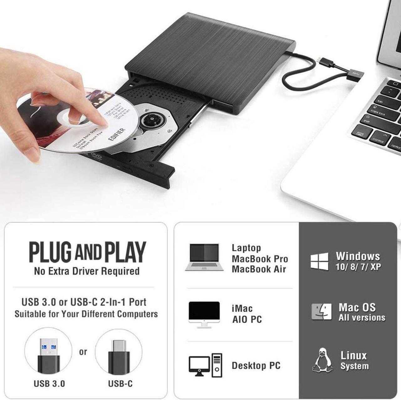 Alt view image 6 of 6 - USB 3.0 & USB-C External CD DVD Drive, Premium Portable CD/DVD +/-RW Drive/Writer/Burner Optical Player, Compatible for Windows 10 Laptop PC, MacBook Pro/Air, iMac, Mac OS (Upgraded Ver.)