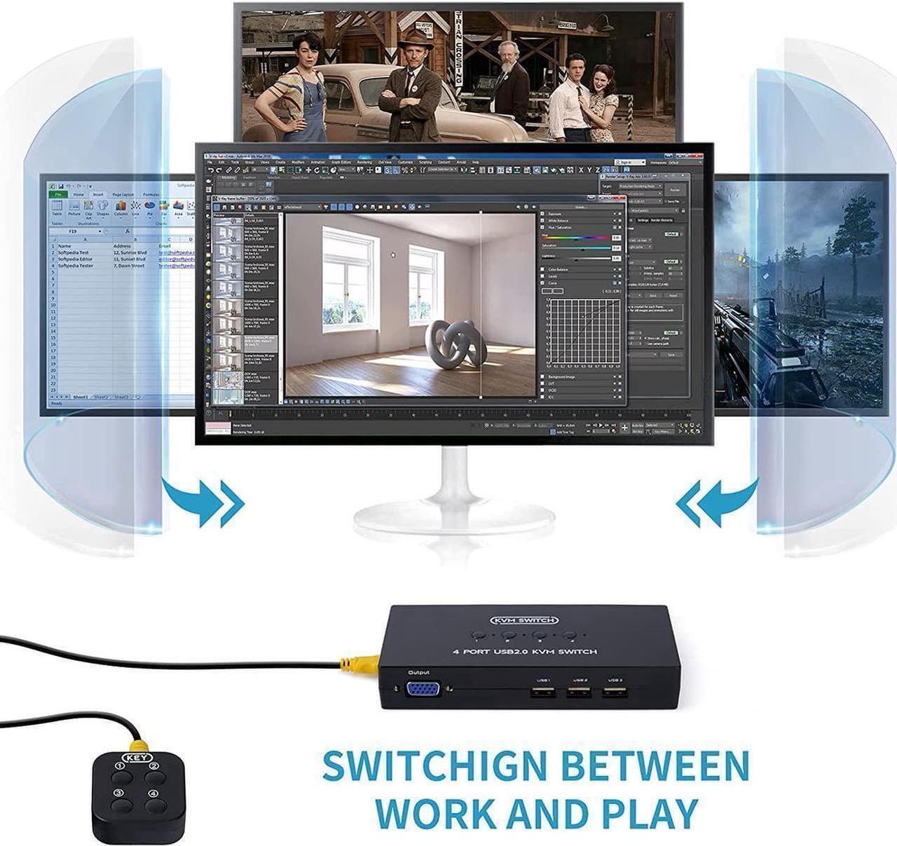 Alt view image 3 of 6 - VGA KVM Switch 4 Port, USB VGA KVM Switcher for 4 Computers Share one Monitor 3 USB Devices Keyboard Mouse Scanner Printer, Including 4 KVM Cables & Desktop Control