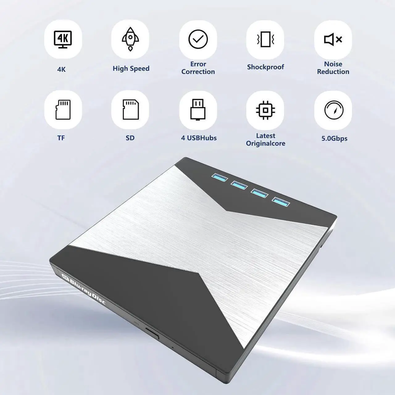 Alt view image 6 of 7 - 7-in-1 External Blu Ray Drive, 4K Portable Blu Ray Burner USB 3.0 Type-C BD Player with SD/TF Port, CD/DVD Burner R/W 3D BluRay Drive, External 4K Blu Ray Drive Compatible with Windows MacOS Laptop PC
