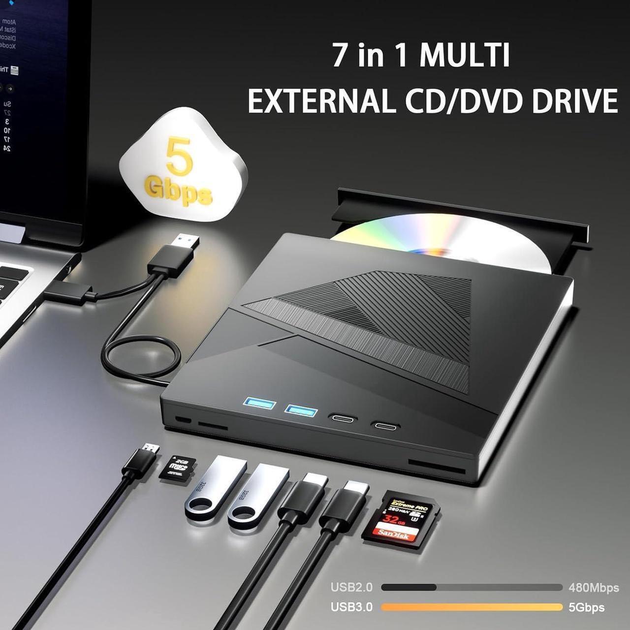 Alt view image 2 of 7 - External CD DVD Drive, 7-in-1 USB 3.0 Type-C DVD Player for Laptop Portable Disk Drive Can for Burn Read Writer Disk Duplicator Compatible with Latptop PC Windows XP/7/8/10, Linux Mac OS
